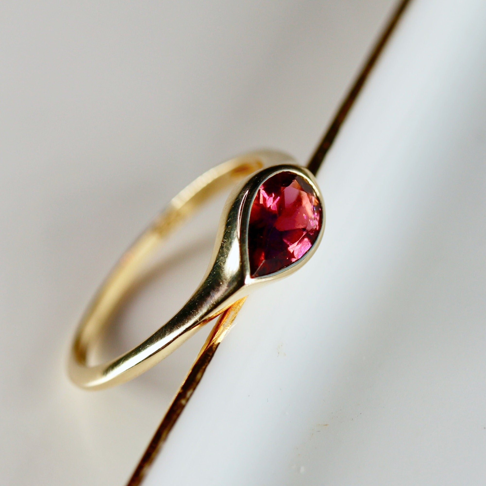 East West Pear Pink Tourmaline Dome Ring 14k Gold