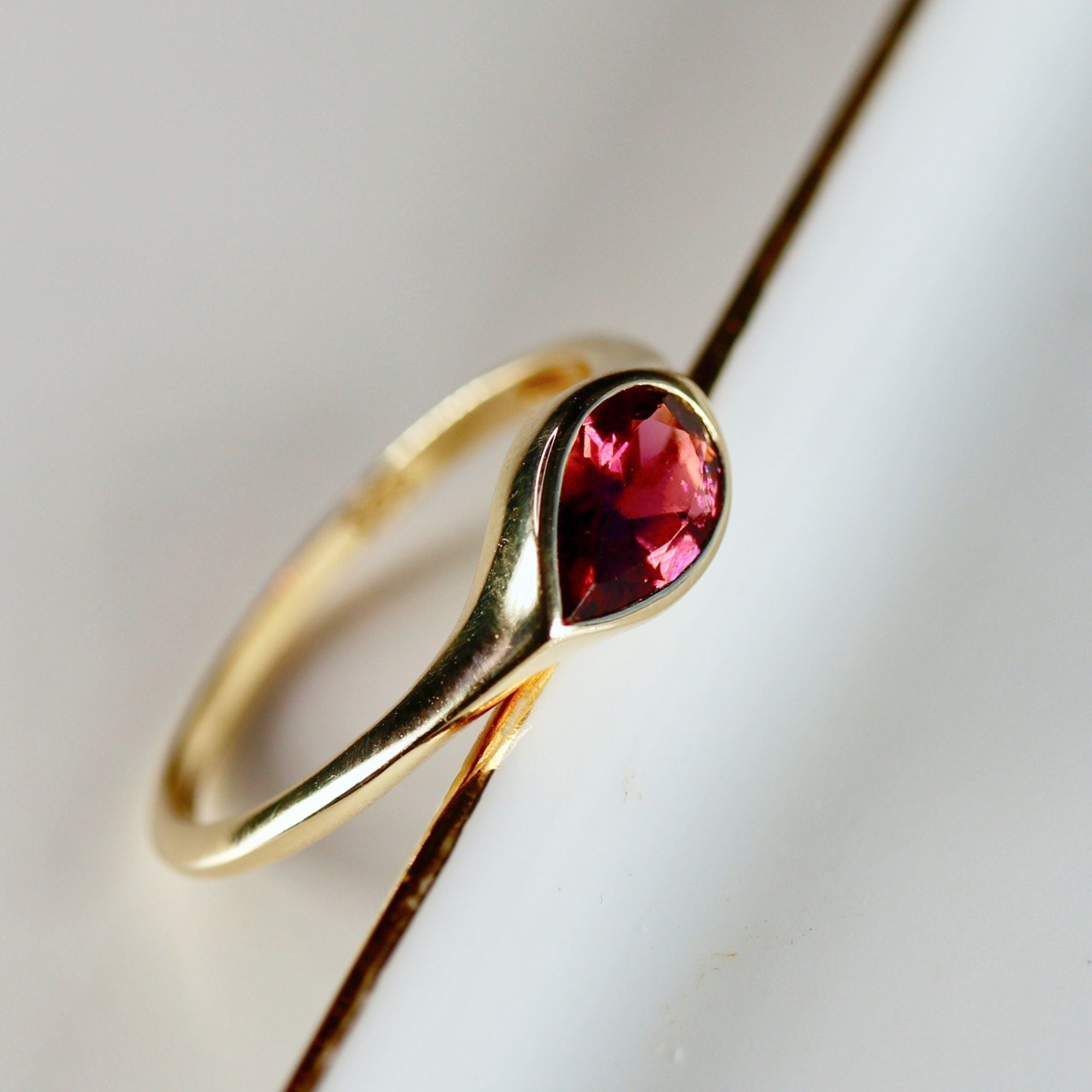East West Pear Pink Tourmaline Dome Ring 14k Gold - Melt'm Jewelry