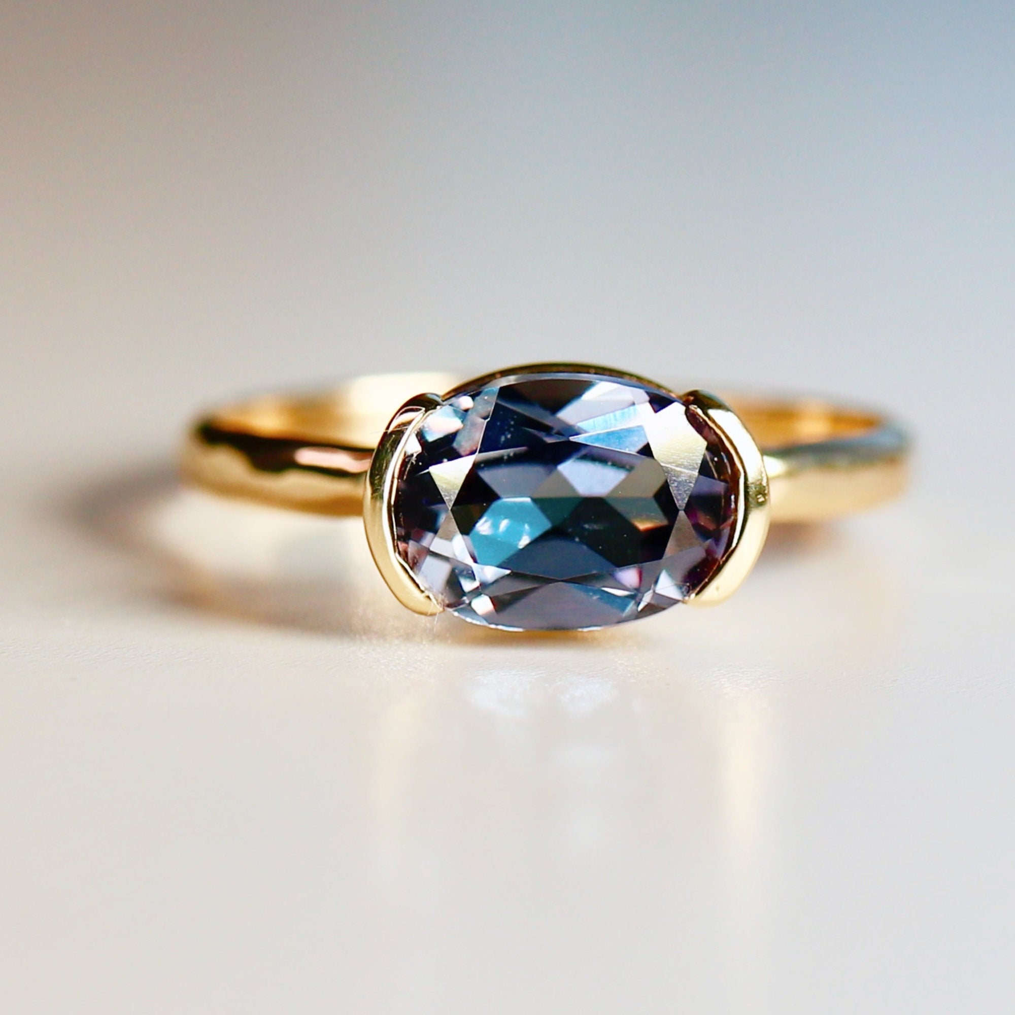 East West Half Bezel Sapphire Engagement Ring 14k Gold - Melt'm Jewelry