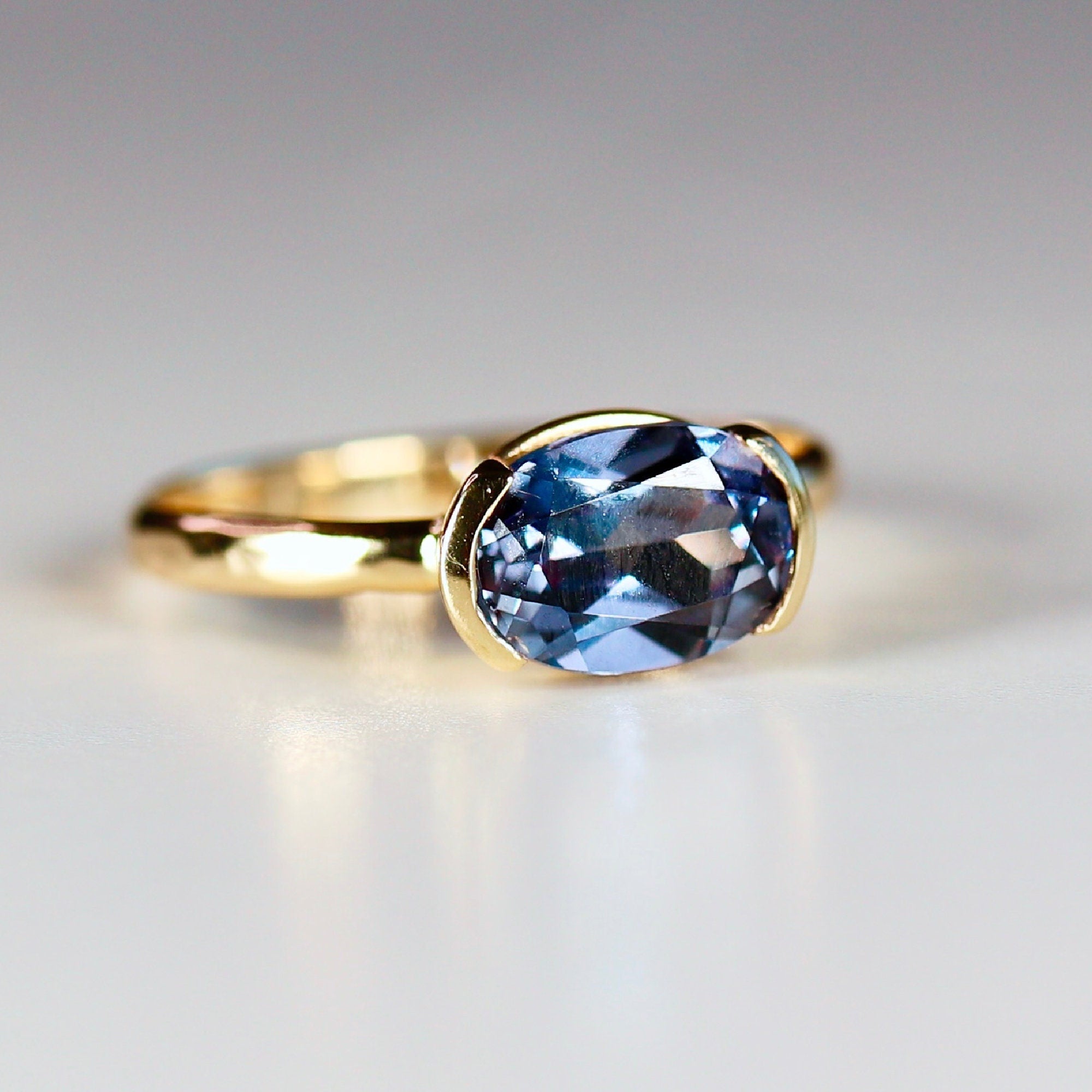 East West Half Bezel Sapphire Engagement Ring 14k Gold