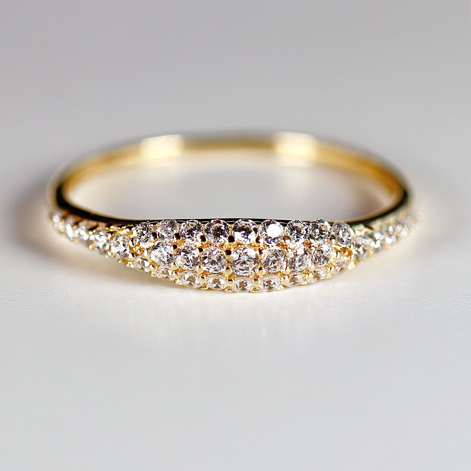 14k Gold Micro Pave Signet Ring, CZ Stacking Ring