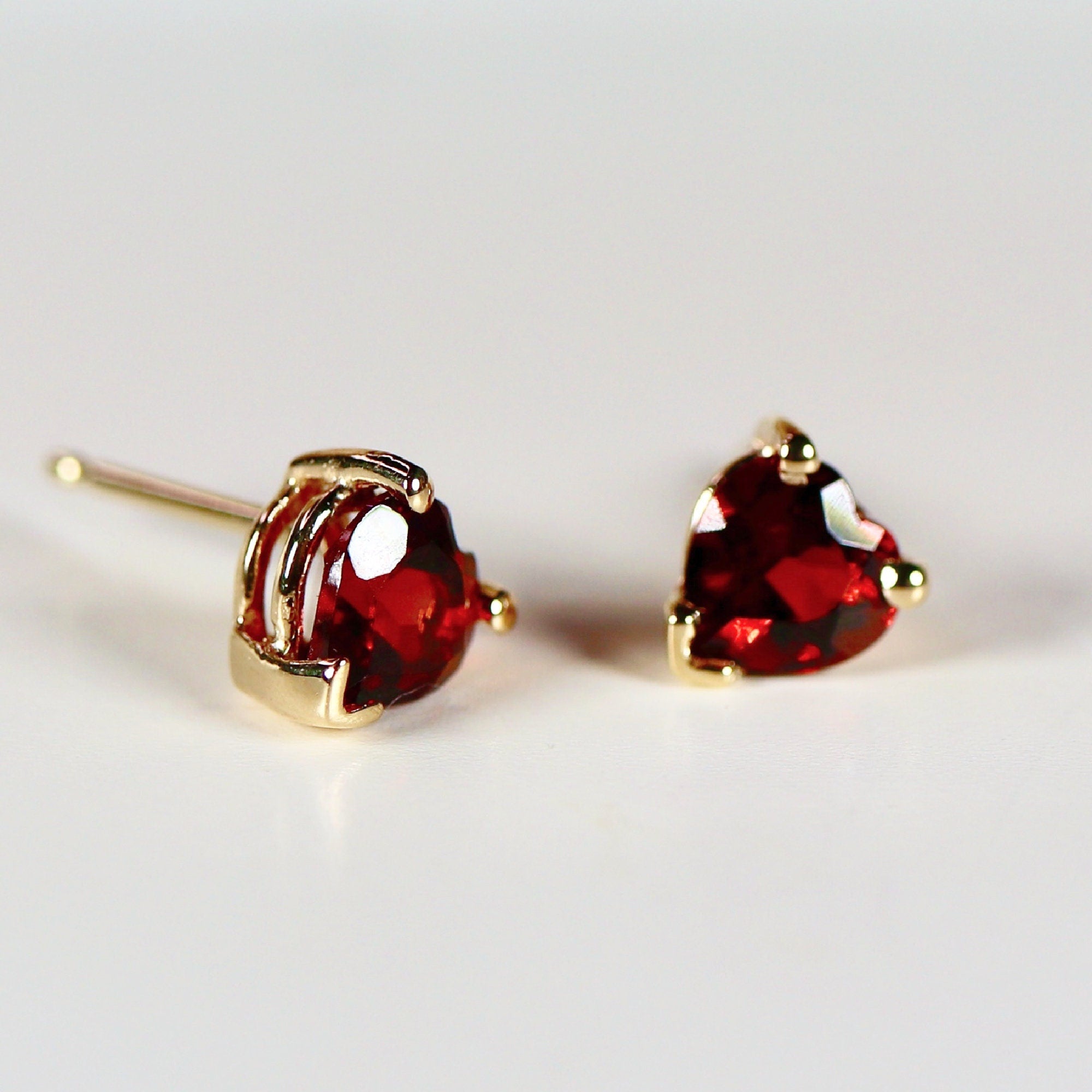 Garnet Heart Stud Earrings 14k Gold