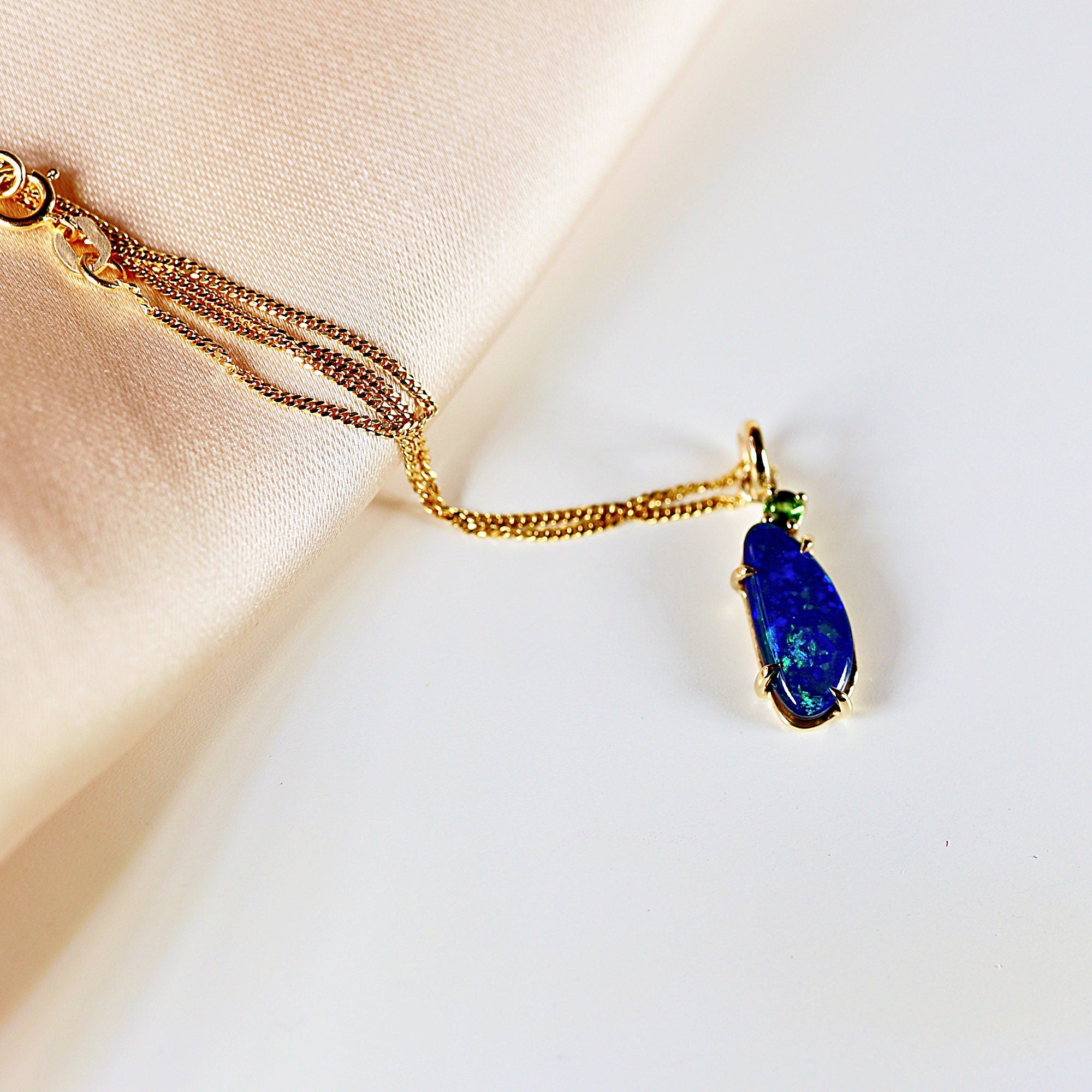 Boulder Opal w Sapphire Pendant 14k Solid Gold