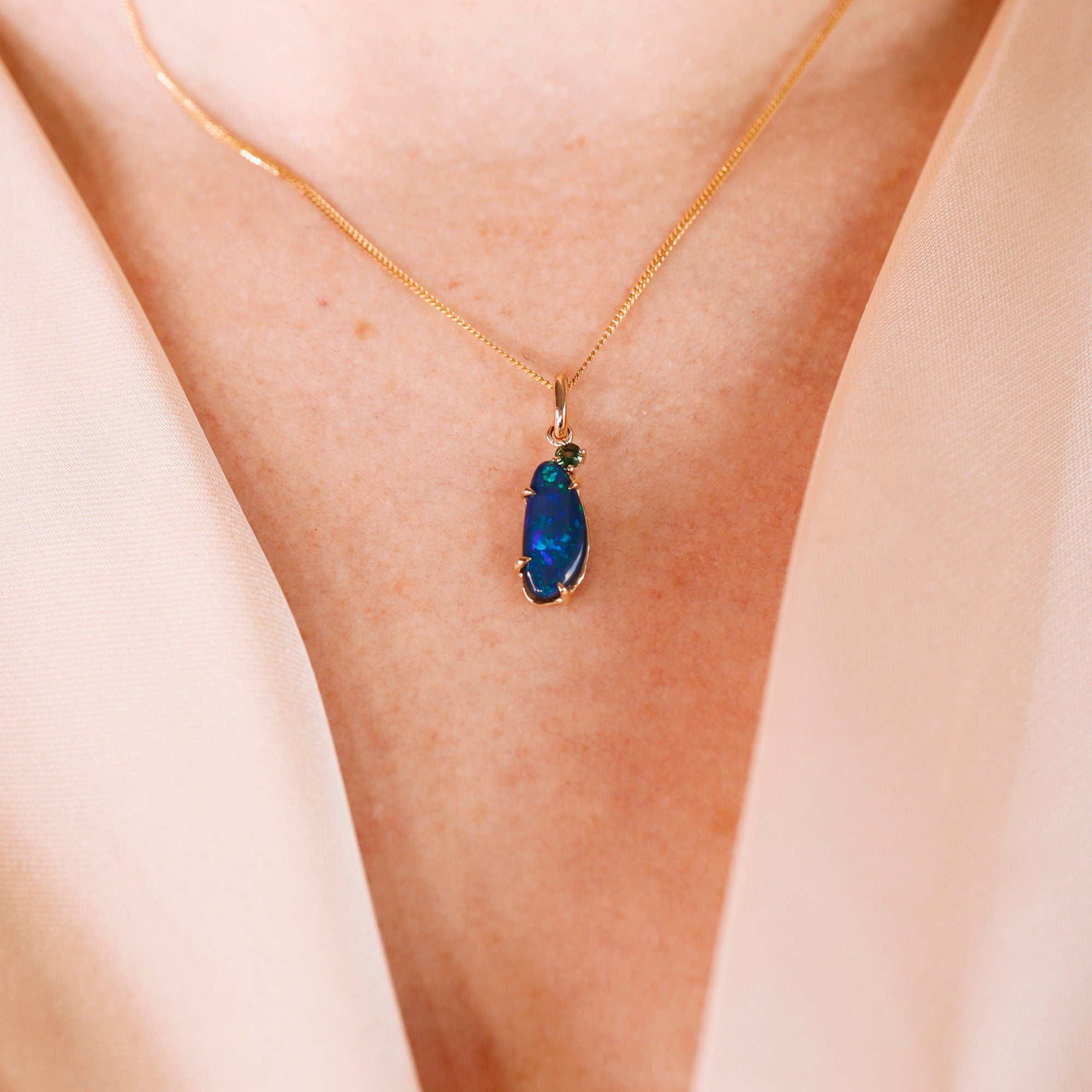 Boulder Opal w Sapphire Pendant 14k Solid Gold