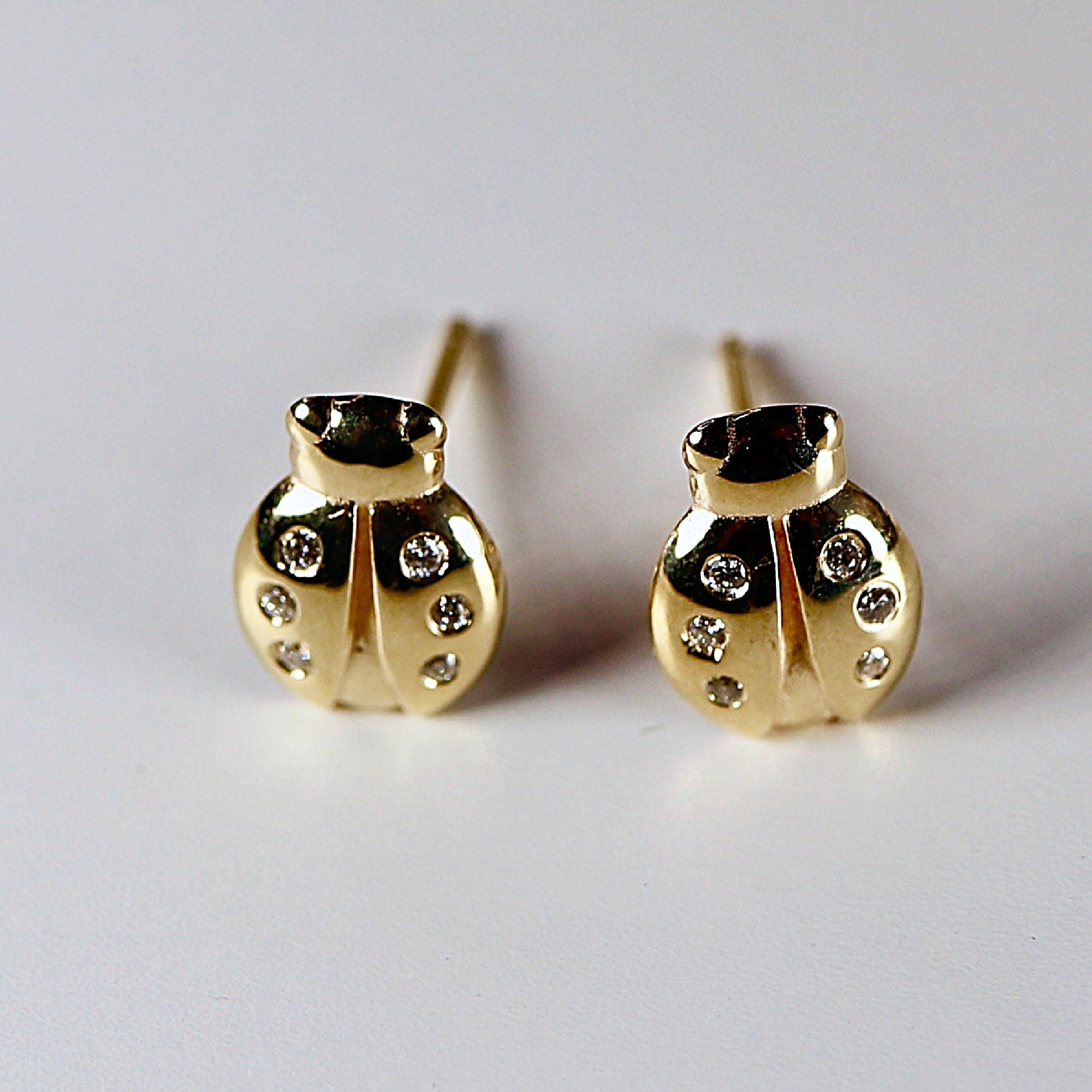 Ladybug Earrings 14k Gold, Diamond Lady Bug Studs, Lucky Earrings