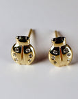 Ladybug Earrings 14k Gold, Diamond Lady Bug Studs, Lucky Earrings