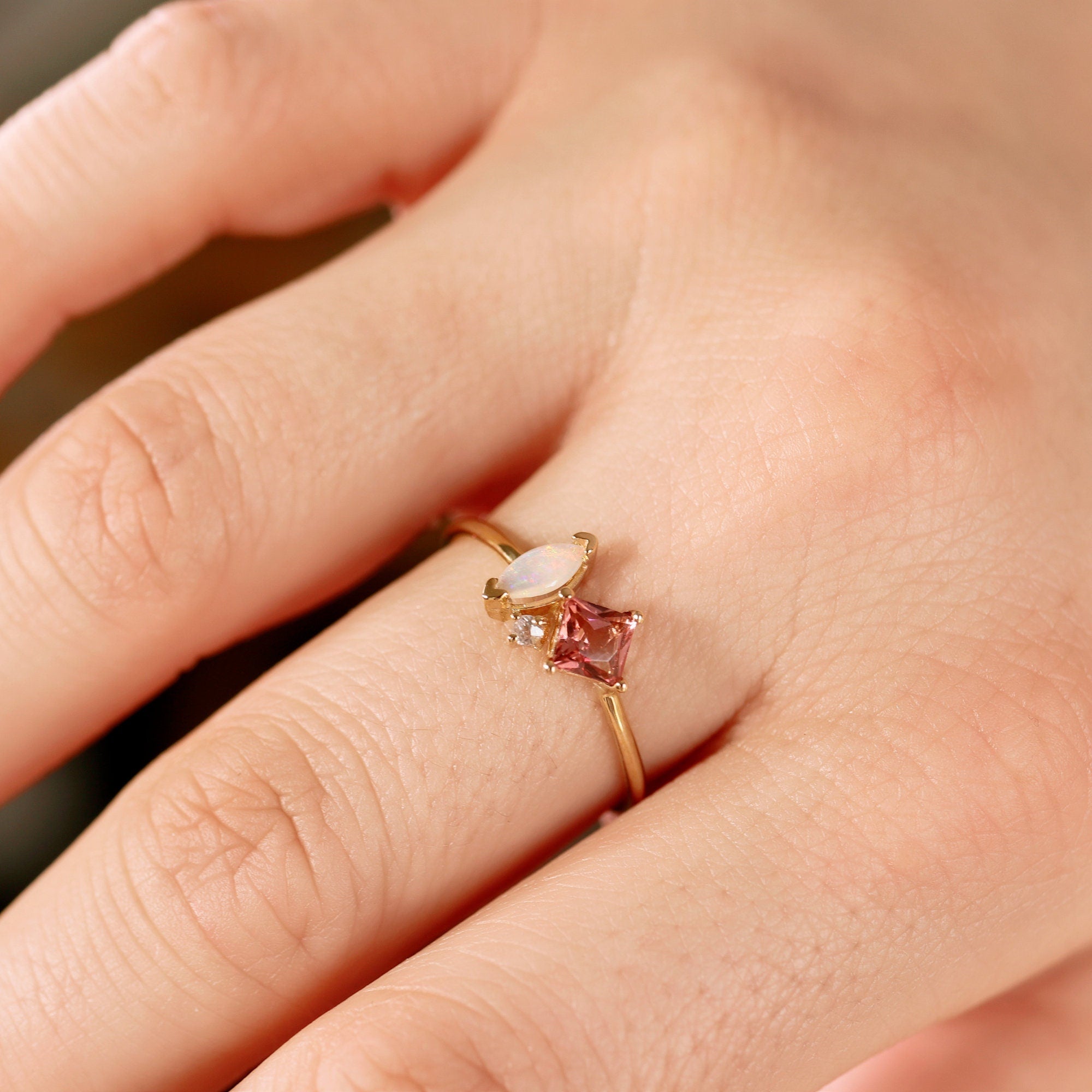 Pink Tourmaline Opal and Diamond Cluster Ring in 14k Gold - Melt'm Jewelry