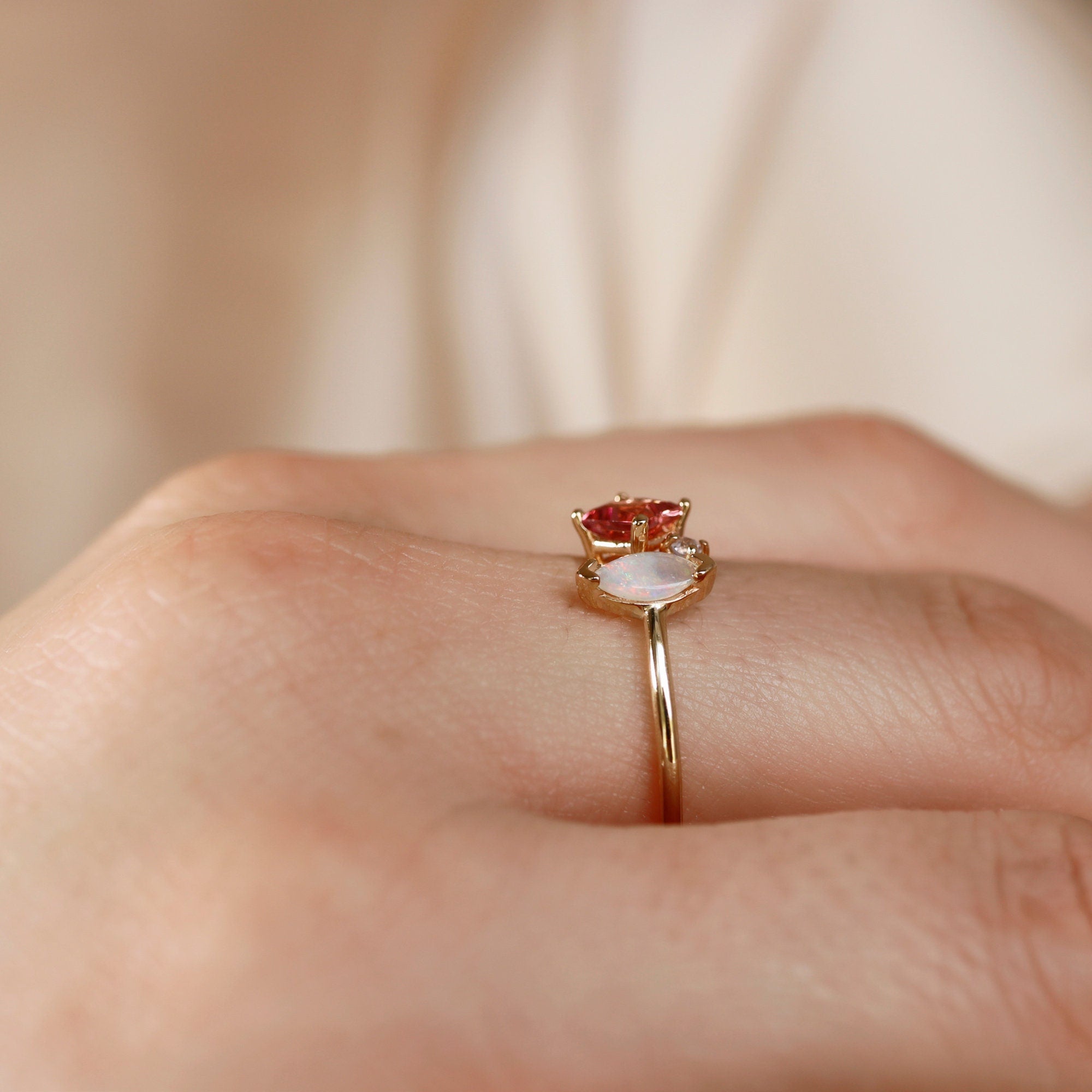 Pink Tourmaline Opal and Diamond Cluster Ring in 14k Gold - Melt'm Jewelry