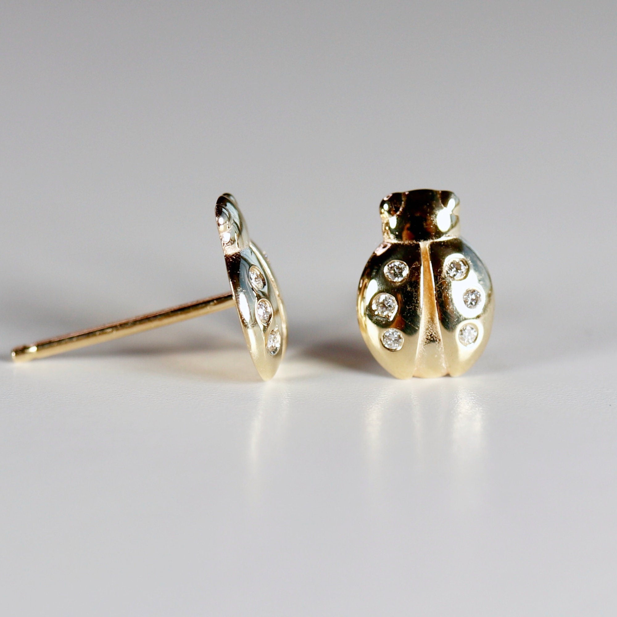 Ladybug Earrings 14k Gold, Diamond Lady Bug Studs, Lucky Earrings