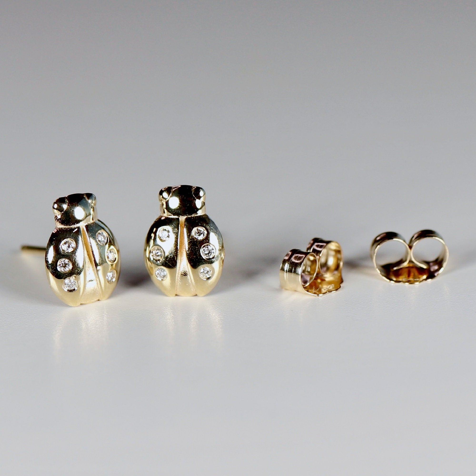 Ladybug Earrings 14k Gold, Diamond Lady Bug Studs, Lucky Earrings