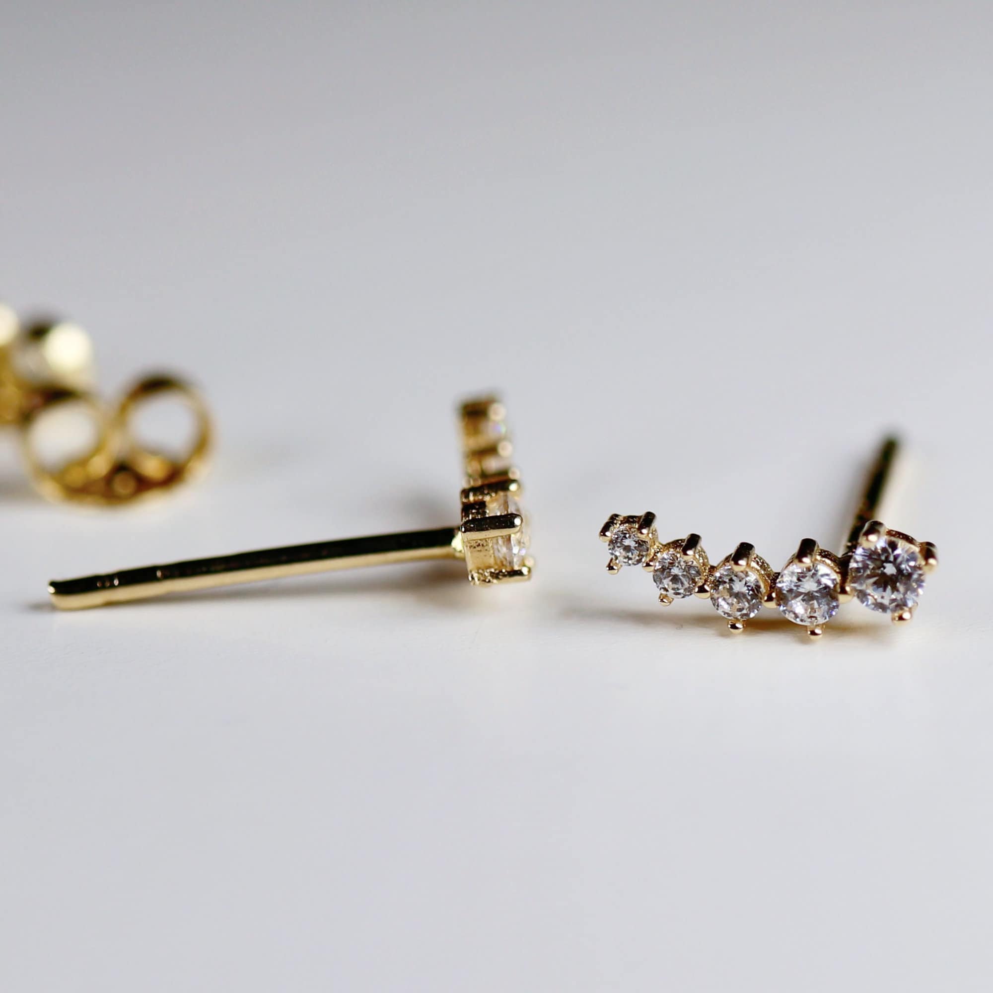 14k Gold 5 Stone CZ Ear Climber Earrings, Simulated Diamond Cluster Ear Crawler Earrings