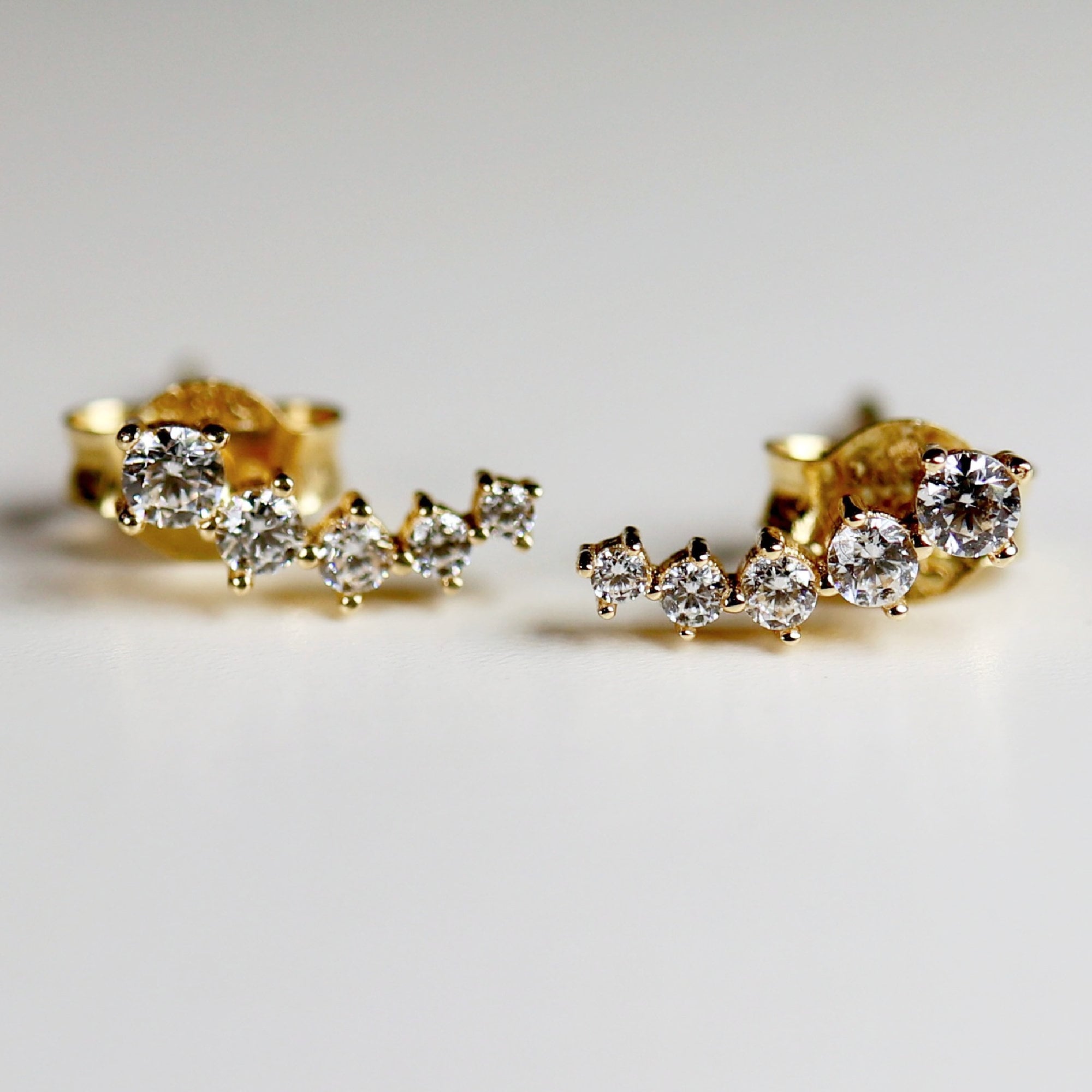 14k Gold 5 Stone CZ Ear Climber Earrings, Simulated Diamond Cluster Ear Crawler Earrings