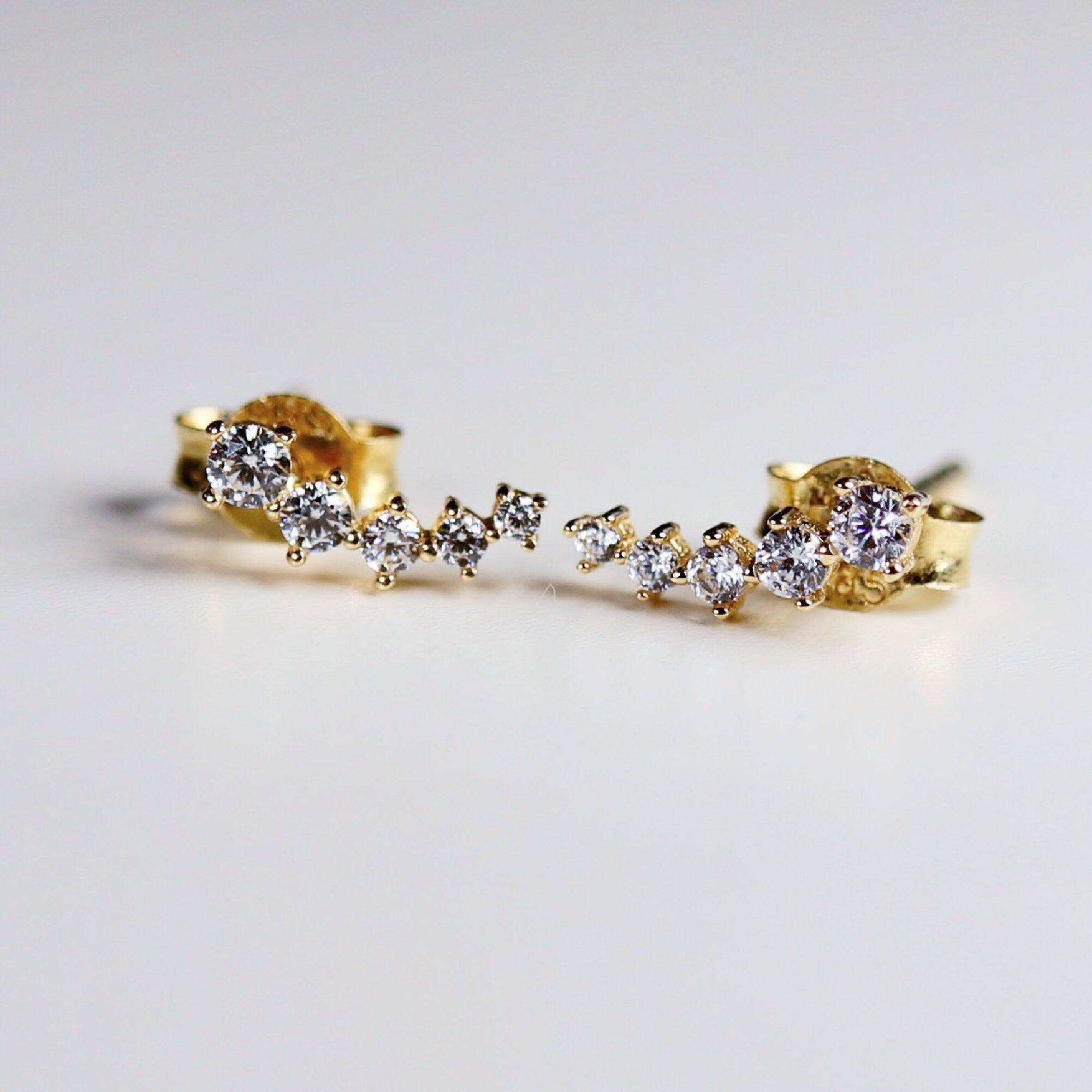 14k Gold 5 Stone CZ Ear Climber Earrings, Simulated Diamond Cluster Ear Crawler Earrings