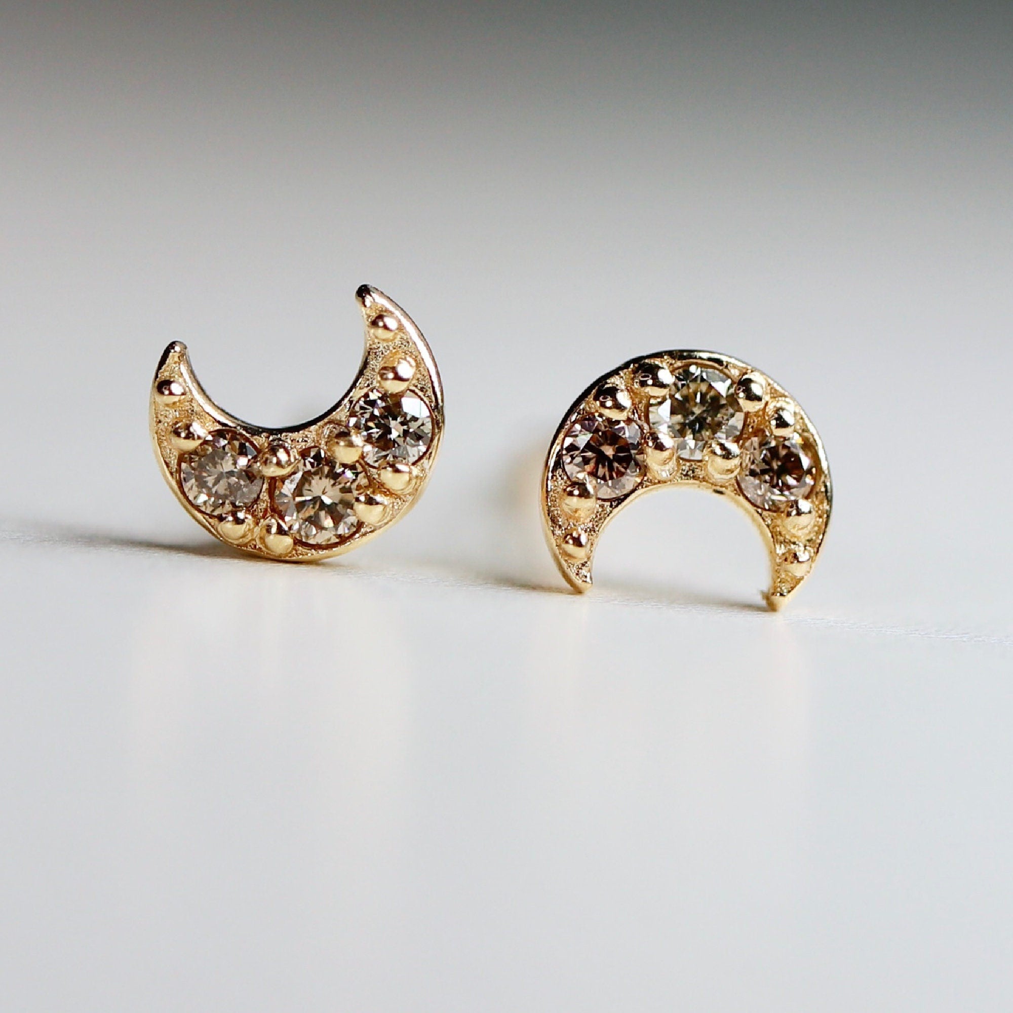 3 Champaign Diamonds Tiny Sailor Moon Earrings in 14k Gold (PAIR) - Melt'm Jewelry