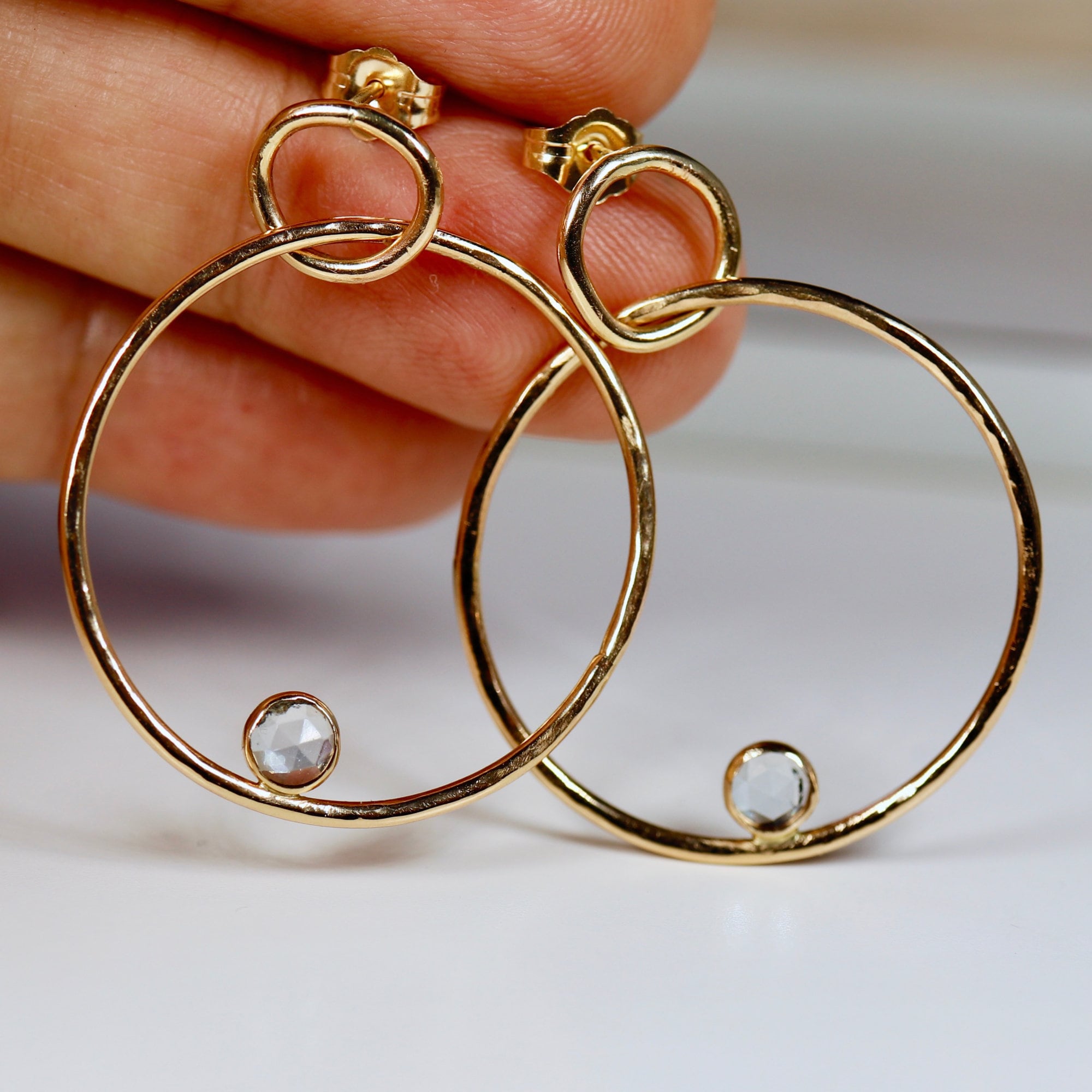 Large Double Hoop Earrings 14k Solid Gold, Aquamarine Hoop Earrings