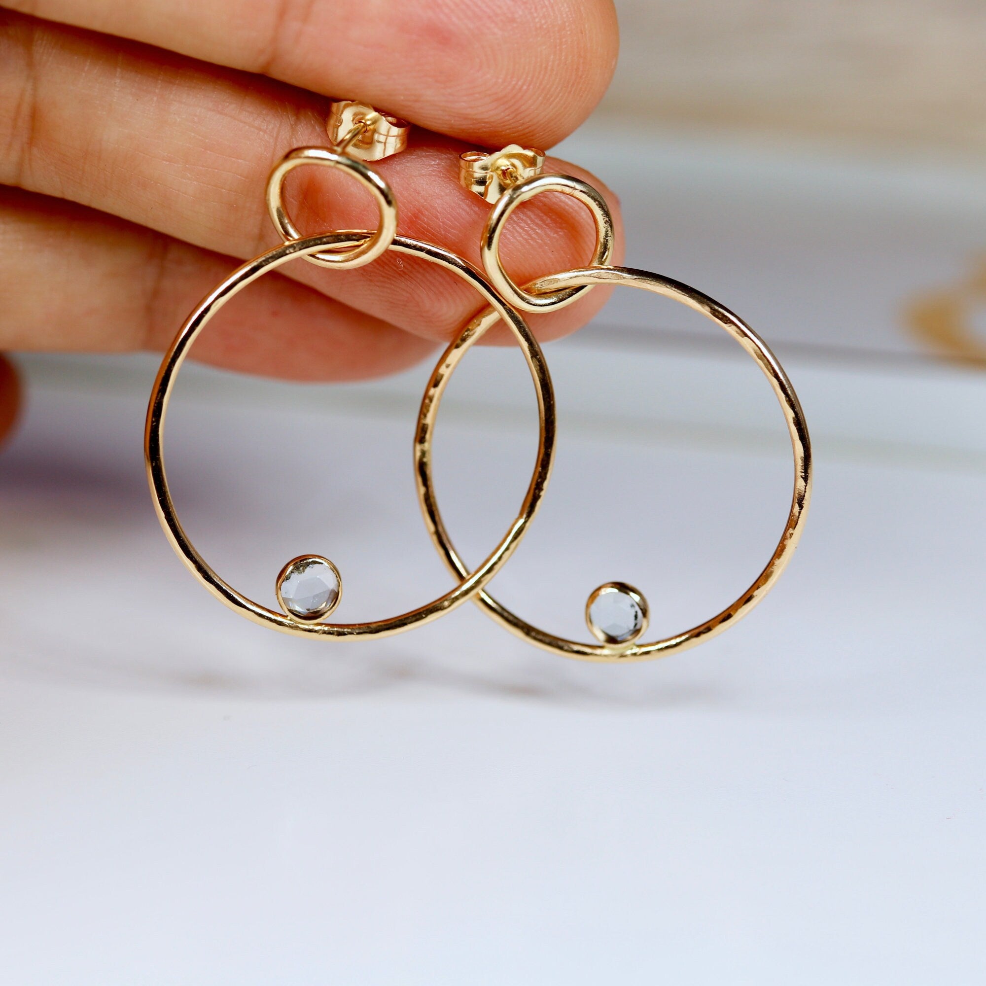 Large Double Hoop Earrings 14k Solid Gold, Aquamarine Hoop Earrings