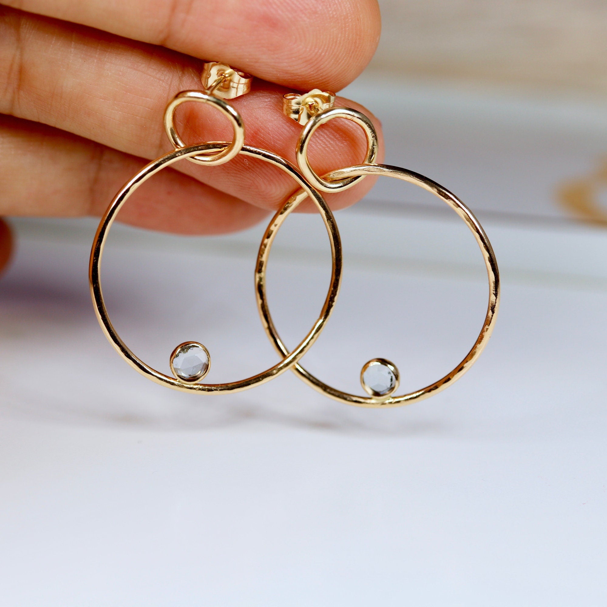 Large Double Aquamarine Hoop Earrings in 14k Gold - Melt'm Jewelry