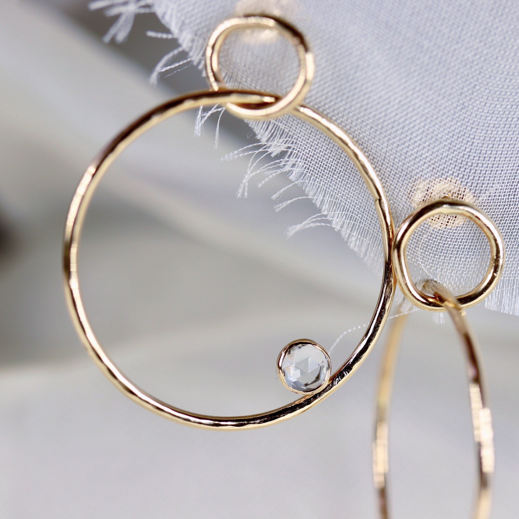 Large Double Hoop Earrings 14k Solid Gold, Aquamarine Hoop Earrings