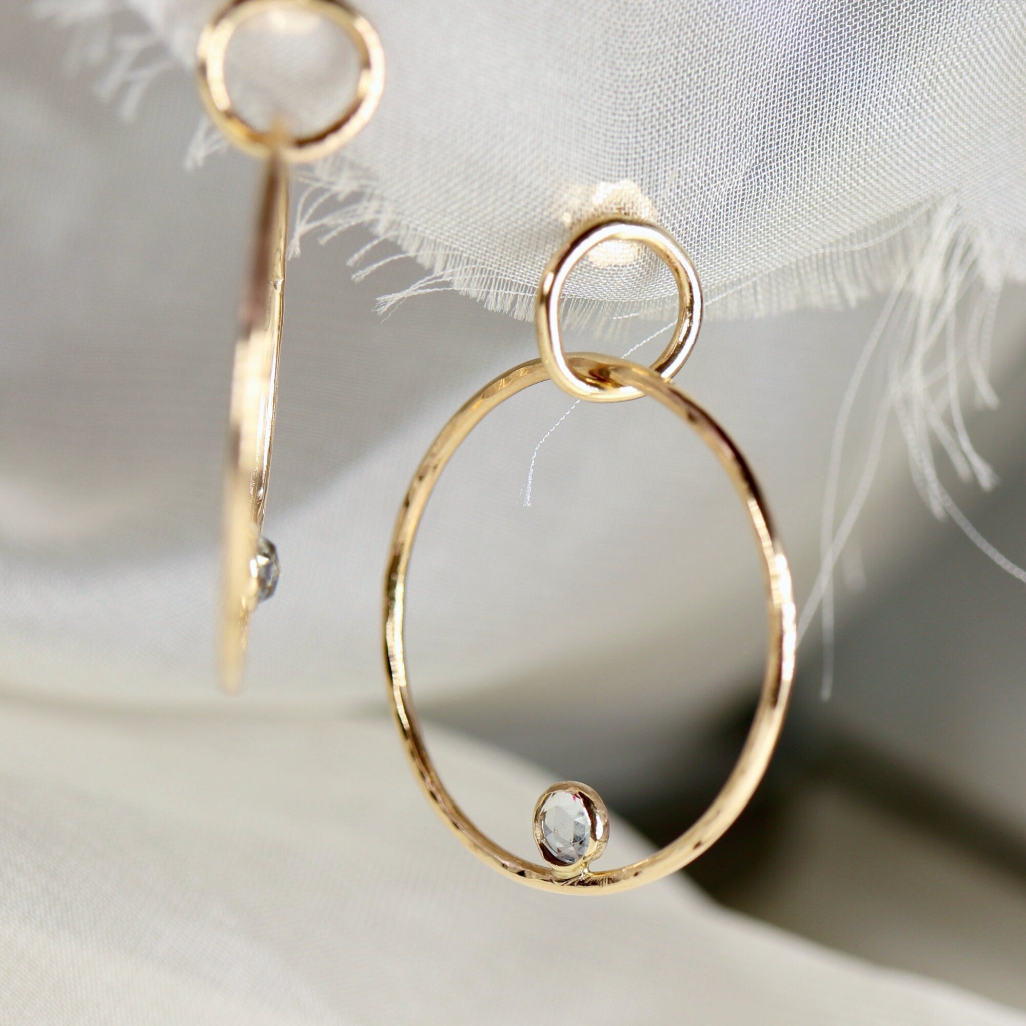 Large Double Hoop Earrings 14k Solid Gold, Aquamarine Hoop Earrings