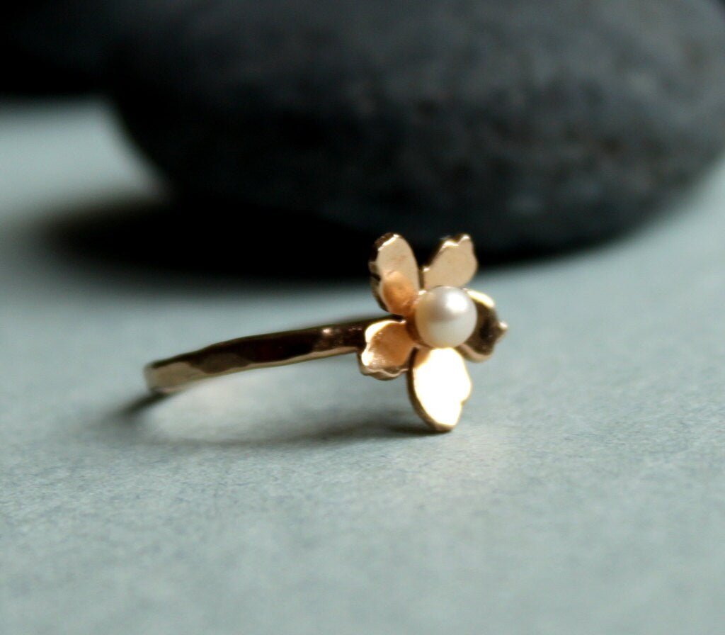 Floral Pearl Ring 14k Solid Gold, Unique Handmade Flower Engagement Ring - Melt'm Jewelry