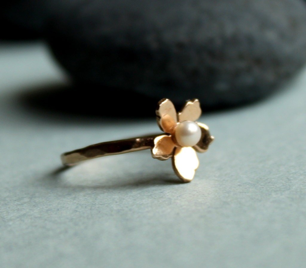 Floral Pearl Ring 14k Solid Gold, Unique Handmade Flower Engagement Ring - Melt'm Jewelry