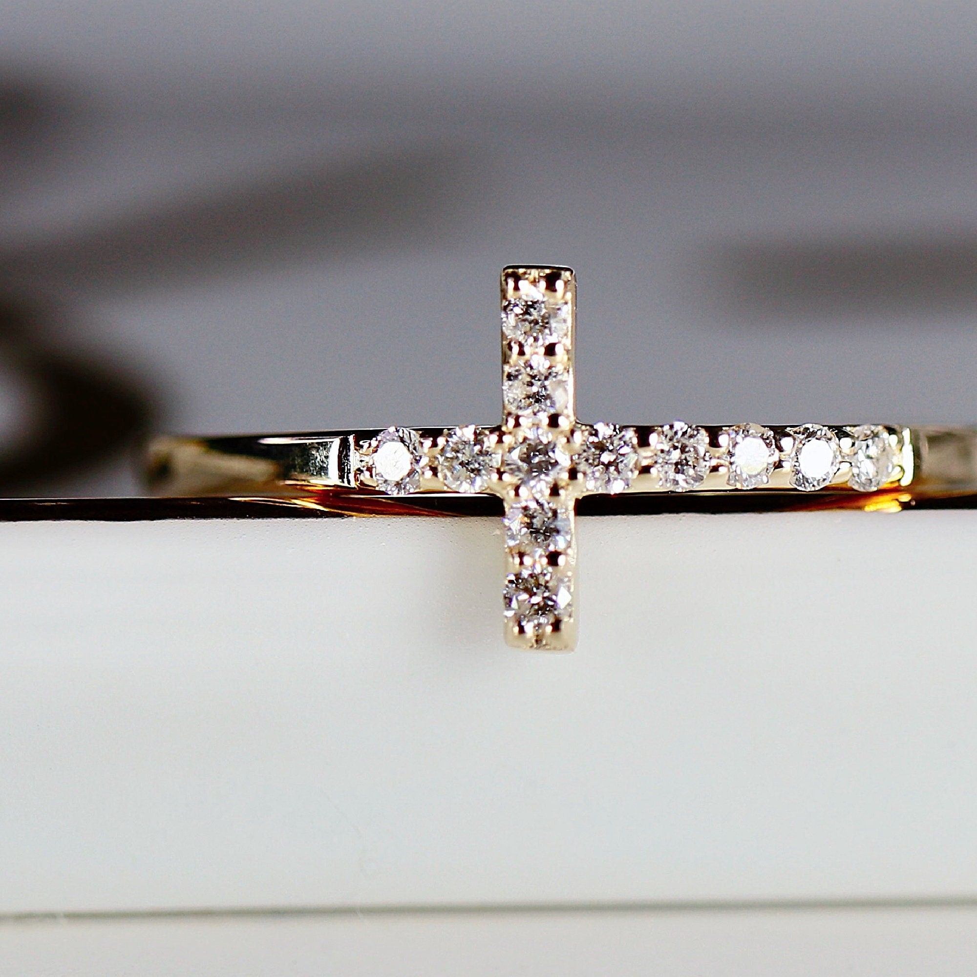 14k Solid Gold Cross Ring, Diamond Cross Ring