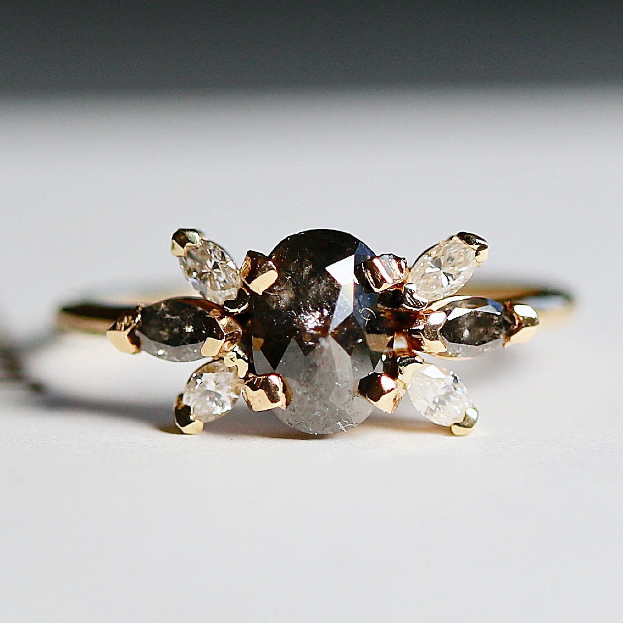 Oval Salt and Pepper Diamond Cluster Ring