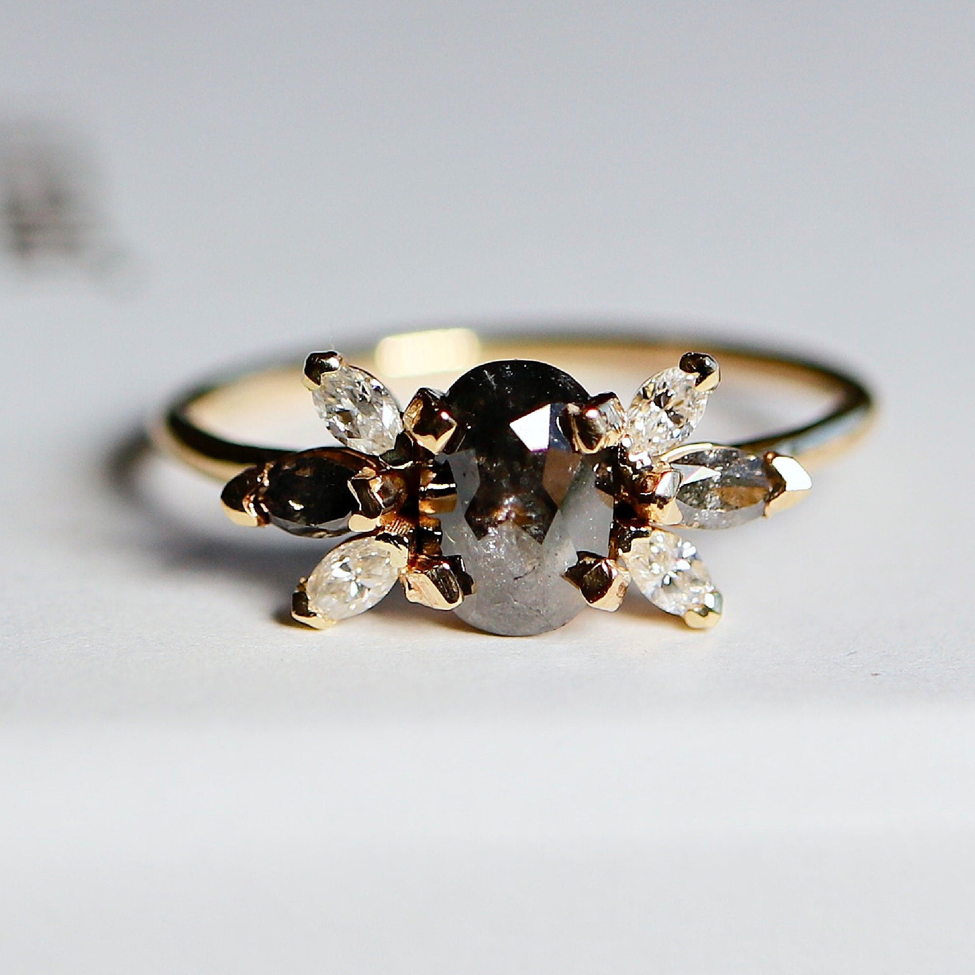 Oval Salt and Pepper Diamond Cluster Ring