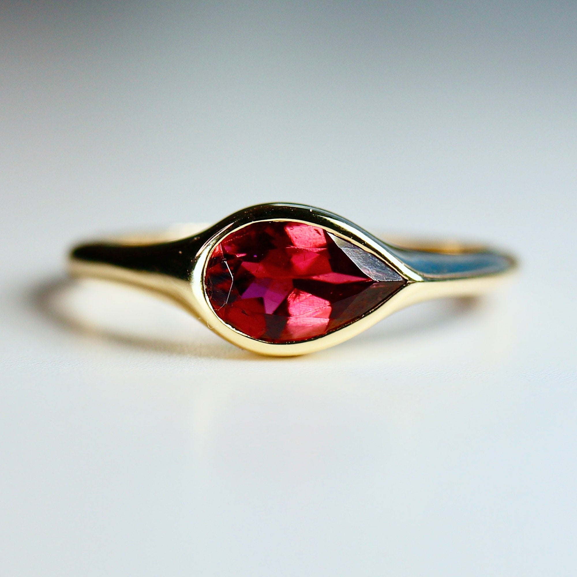 East West Pear Pink Tourmaline Dome Ring 14k Gold