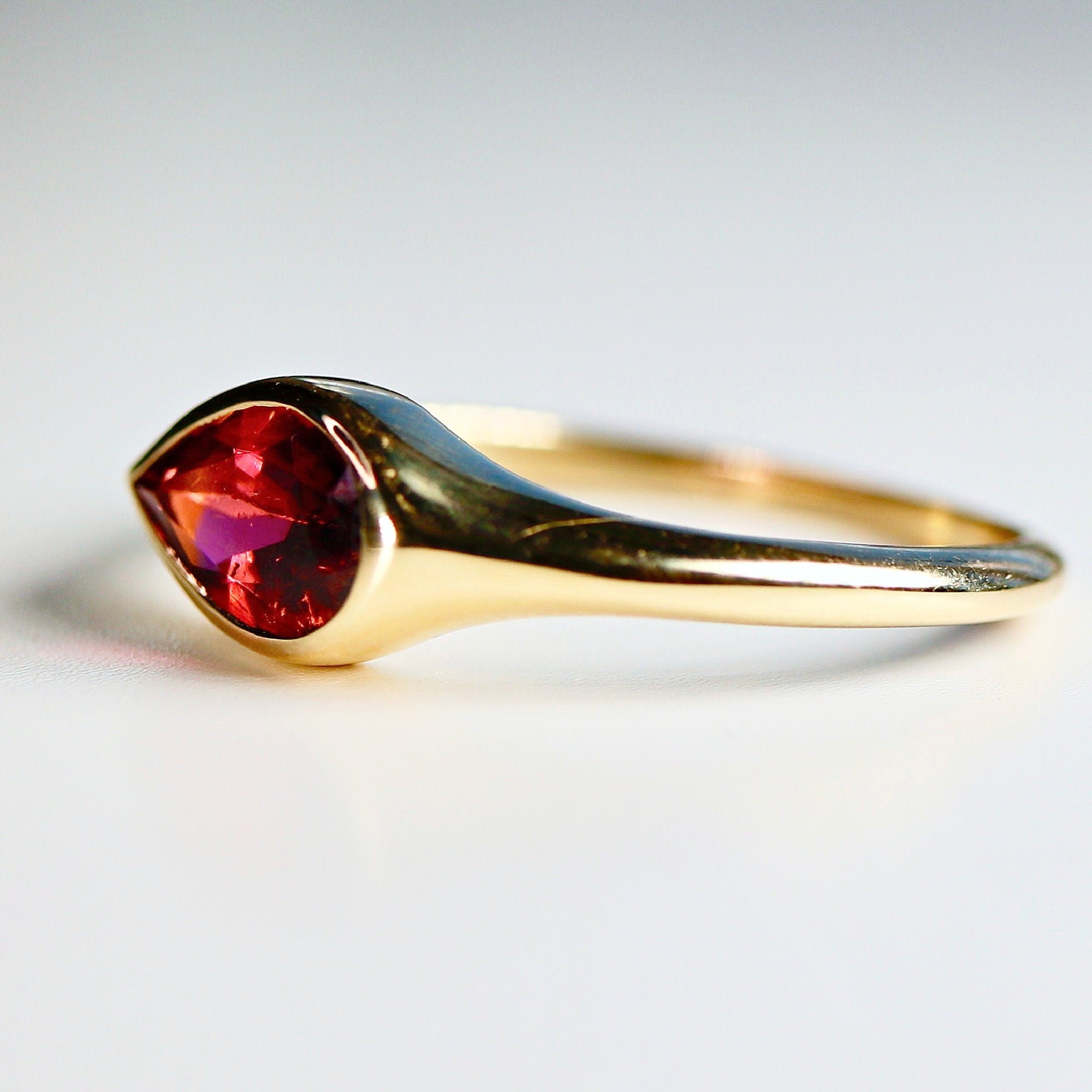 East West Pear Pink Tourmaline Dome Ring 14k Gold