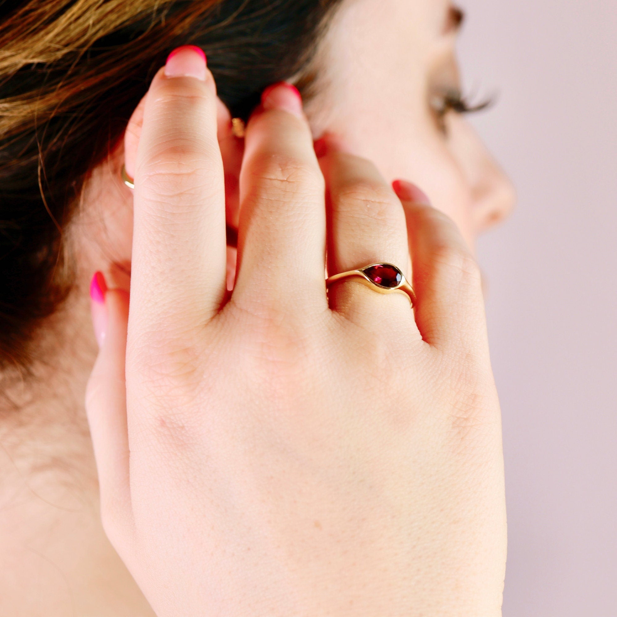 East West Pear Pink Tourmaline Dome Ring 14k Gold - Melt'm Jewelry