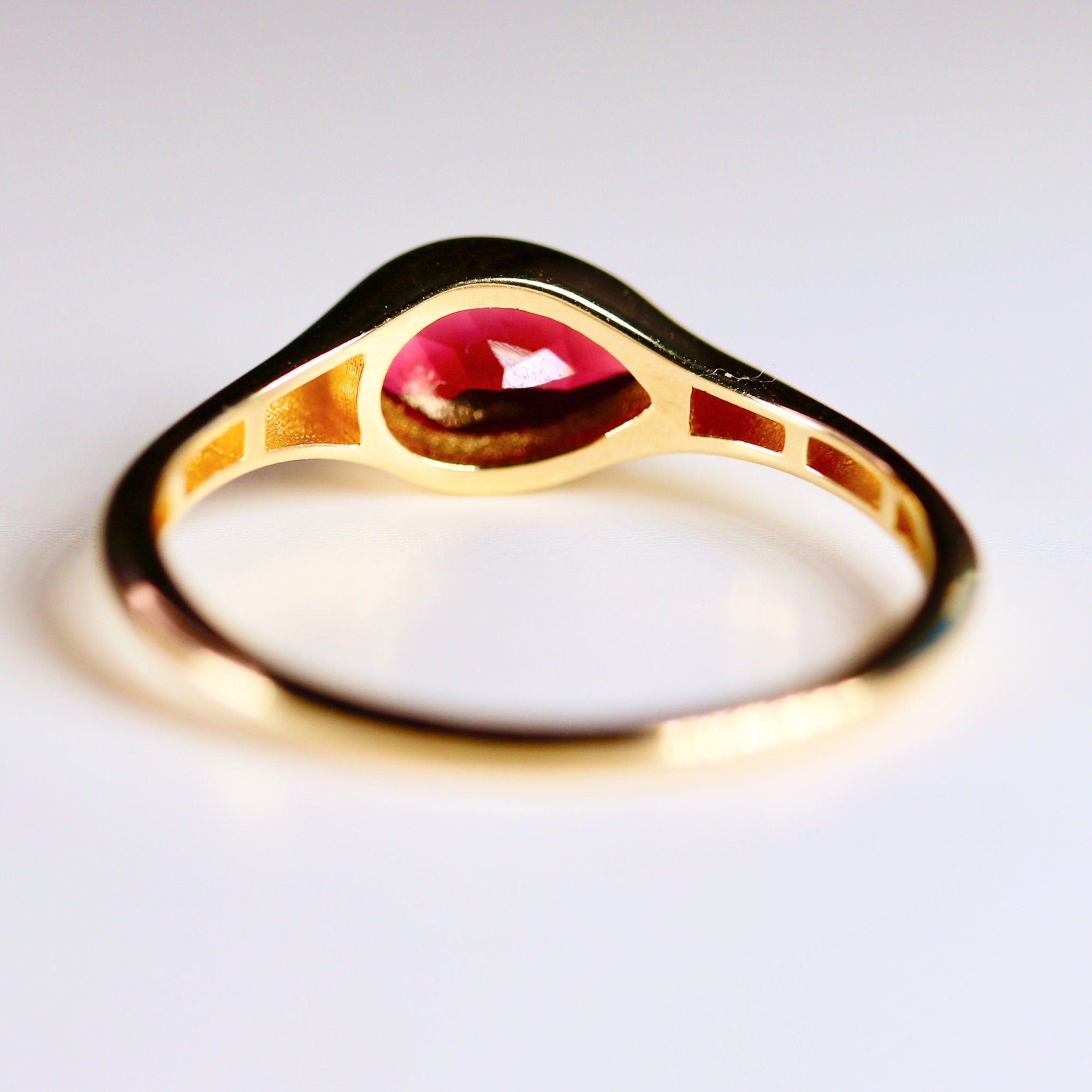 East West Pear Pink Tourmaline Dome Ring 14k Gold