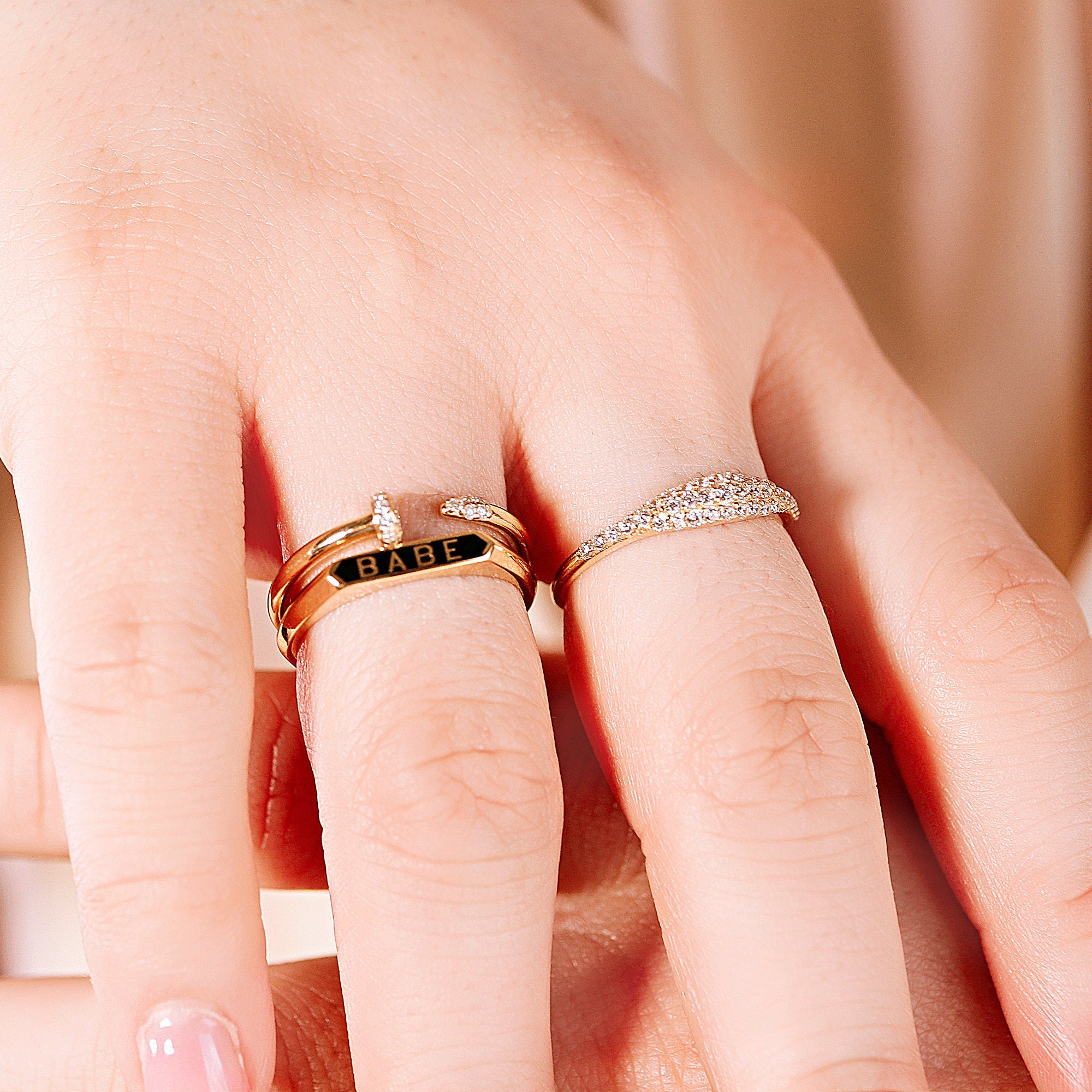 14k Gold Micro Pave Signet Ring, CZ Stacking Ring - Melt'm Jewelry