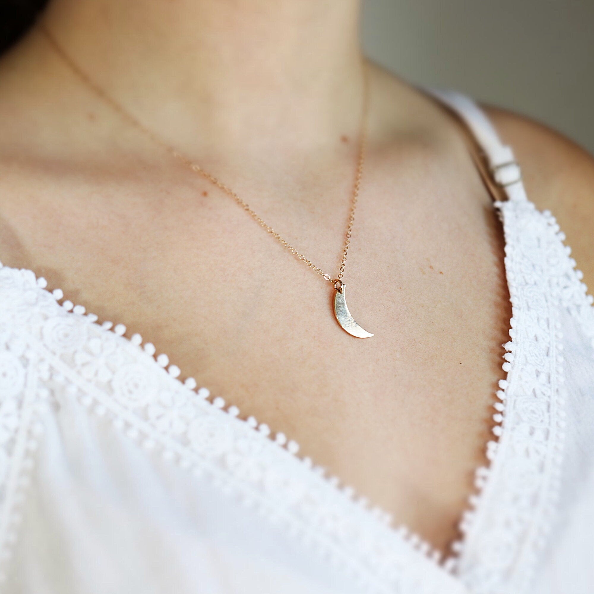 14k Solid Gold Crescent Moon Necklace