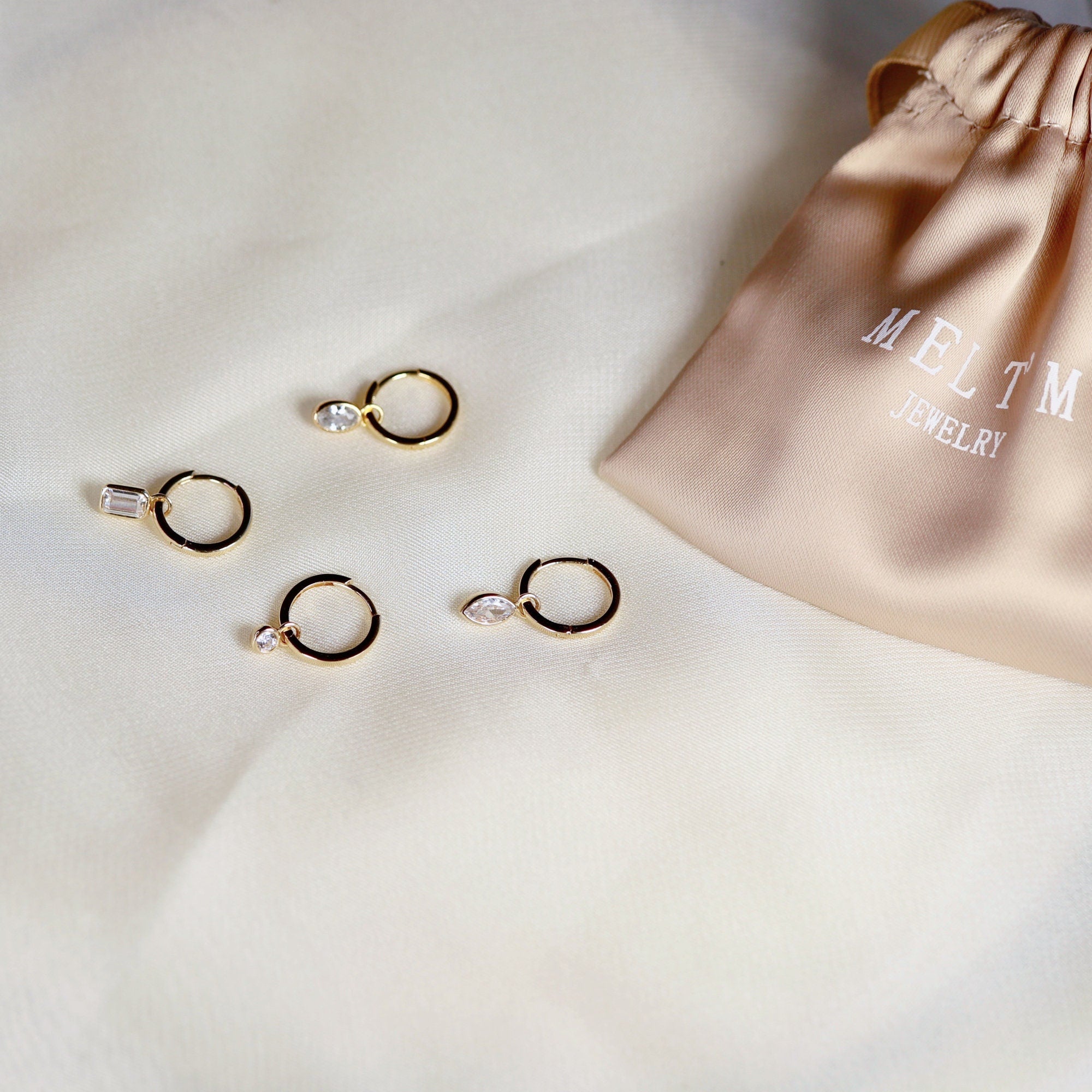 14k Solid Gold Earring Charm For Hoops, 14k Gold Cz Bezel Charm - Melt'm Jewelry