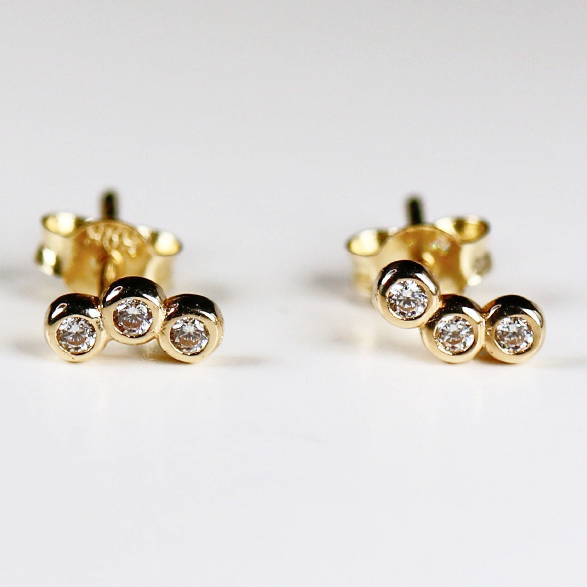 14k Gold 3 Stone Bezel Set CZ Cubic Zirconia Cluster Earrings - Melt'm Jewelry