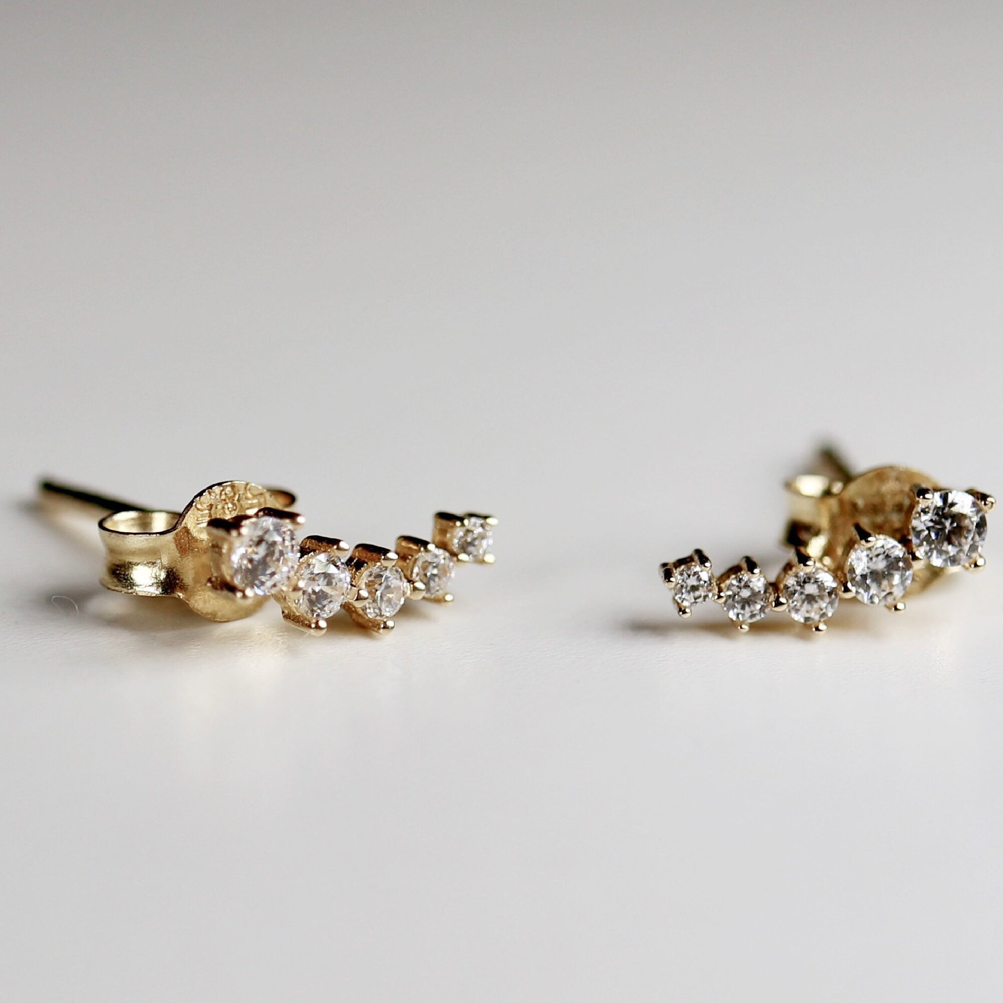 14k Gold 5 Stone CZ Ear Climber Earrings, Simulated Diamond Cluster Ear Crawler Earrings