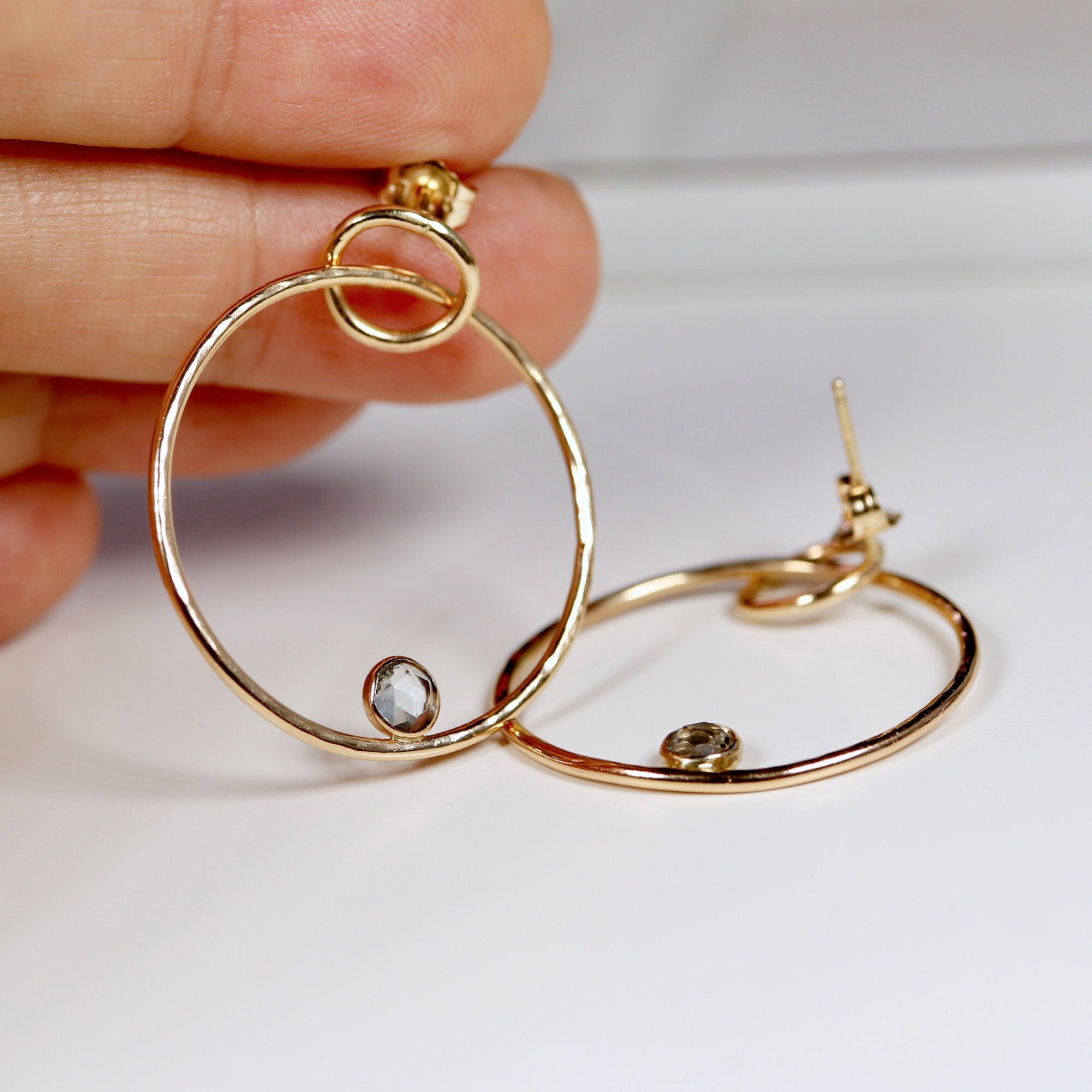 Large Double Hoop Earrings 14k Solid Gold, Aquamarine Hoop Earrings