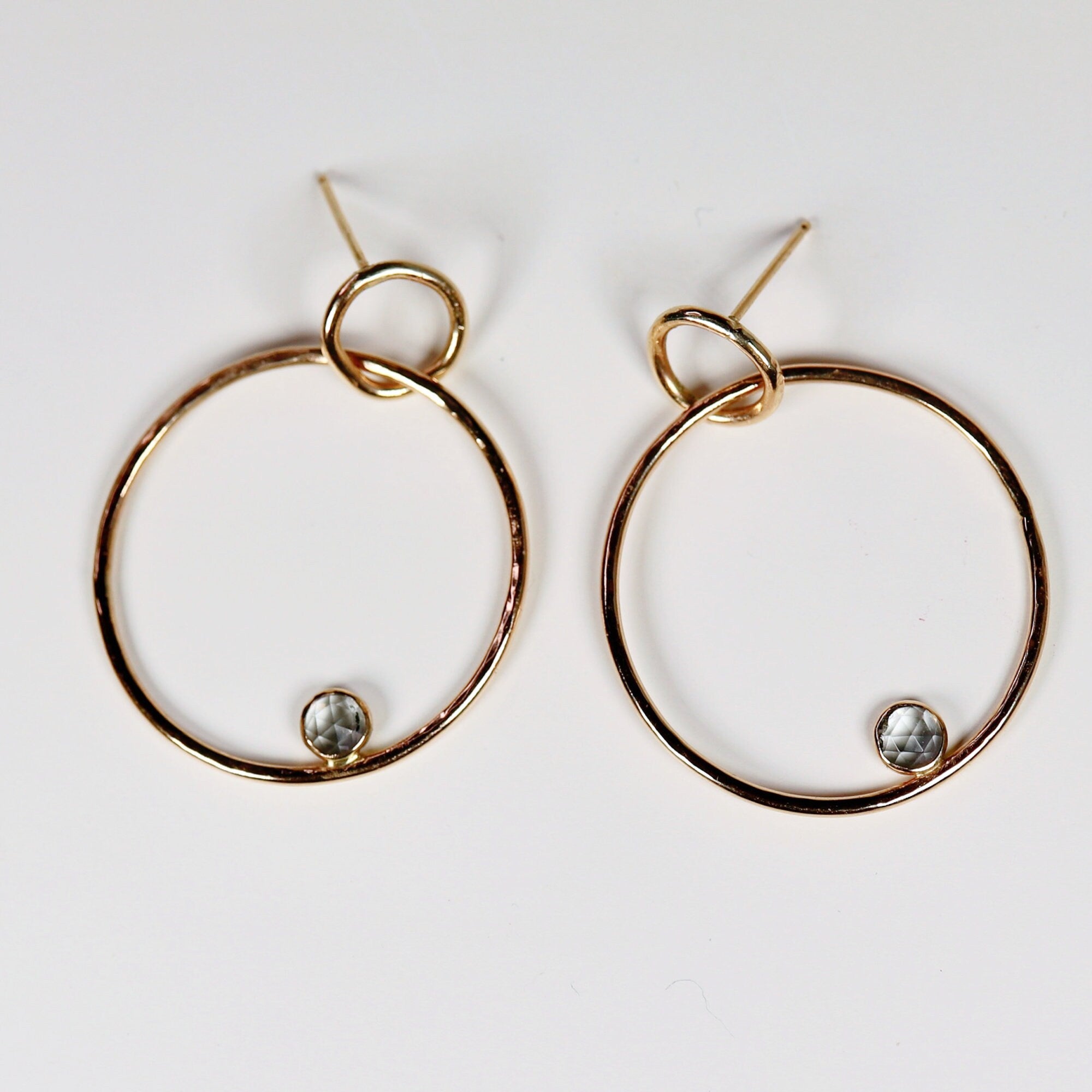 Large Double Hoop Earrings 14k Solid Gold, Aquamarine Hoop Earrings