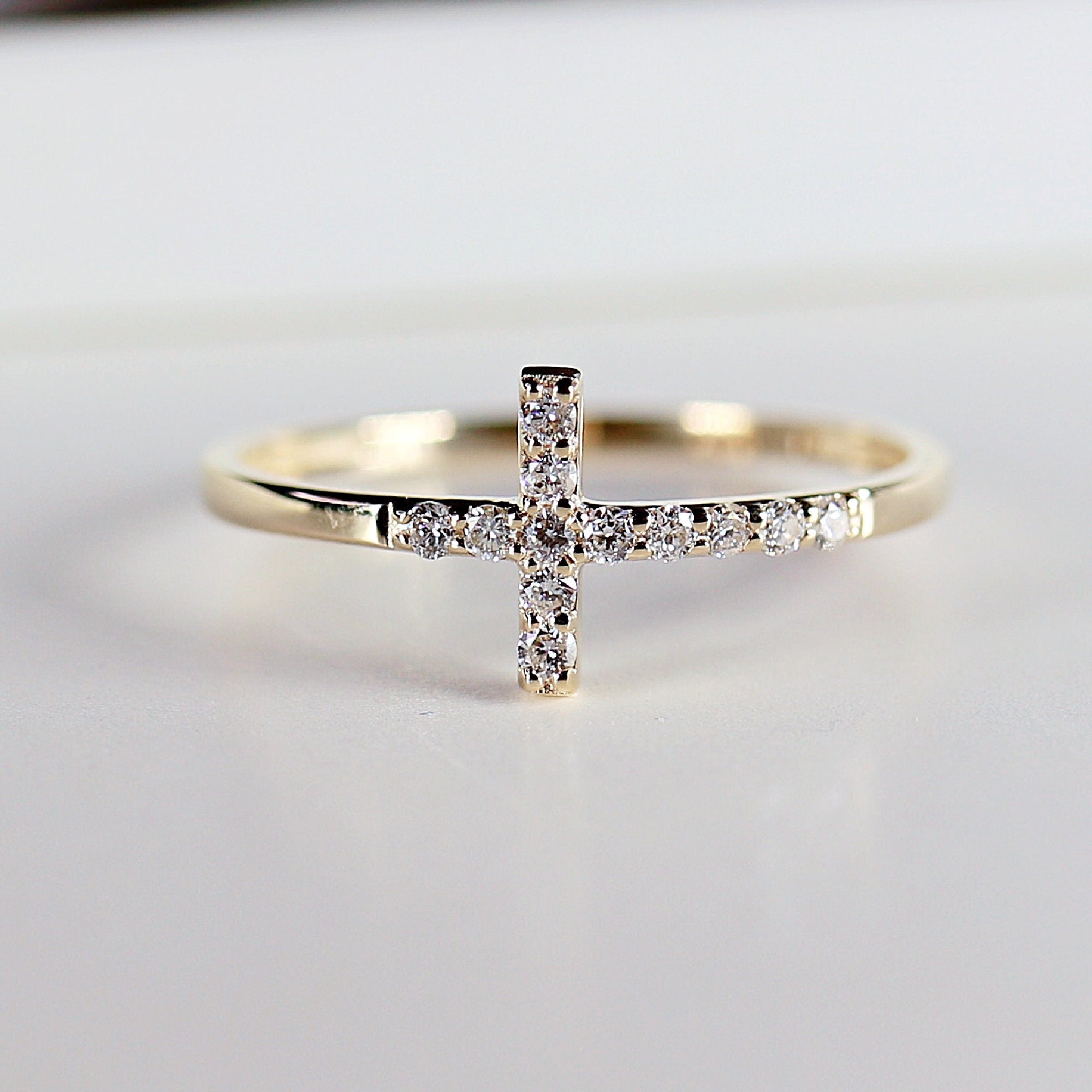 14k Solid Gold Cross Ring, Diamond Cross Ring