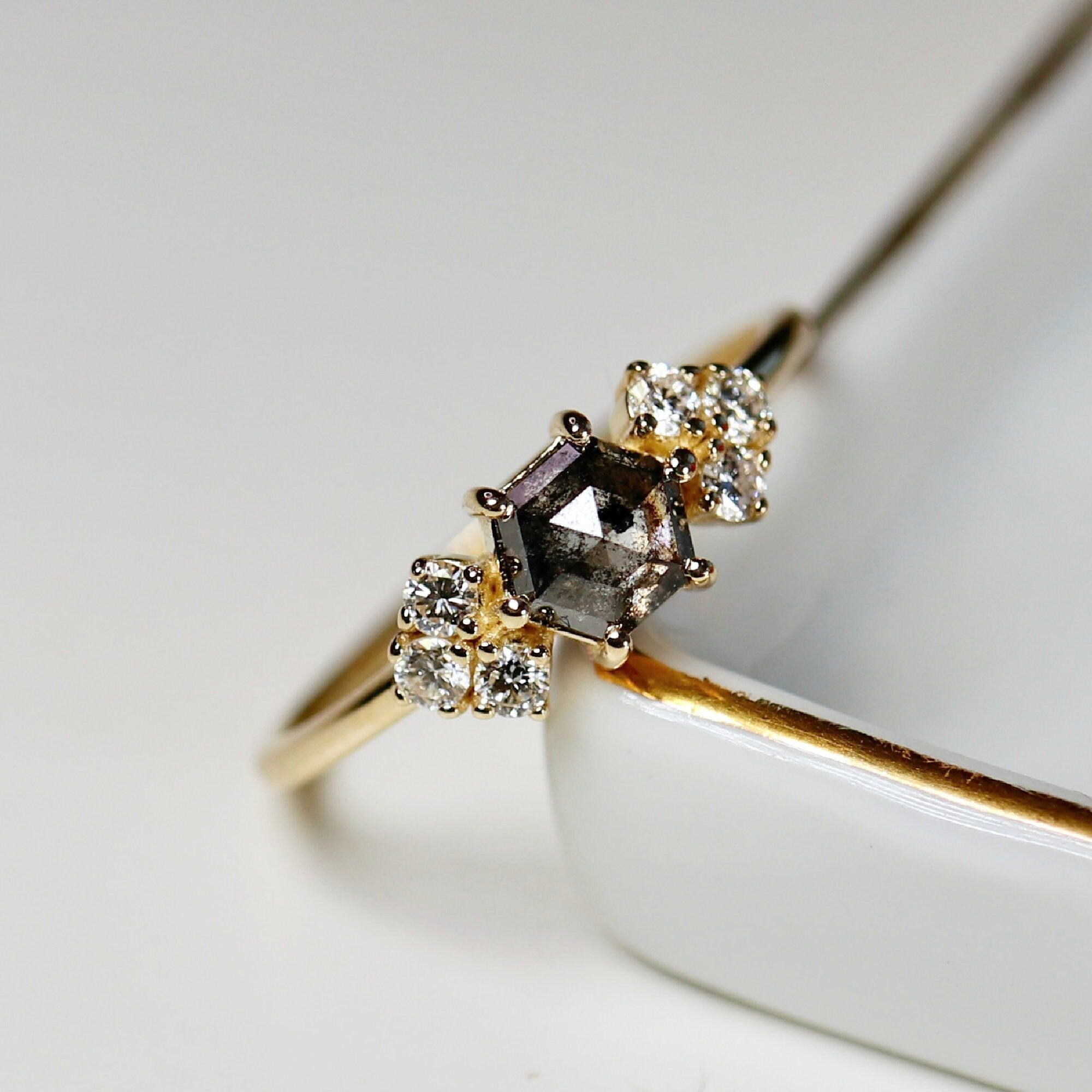 Hexagon Rose Cut Salt and Pepper Diamond Ring, 14k Yellow Gold Hexagon Diamond Ring, Conflict Free