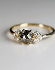 Hexagon Rose Cut Salt and Pepper Diamond Ring, 14k Yellow Gold Hexagon Diamond Ring, Conflict Free