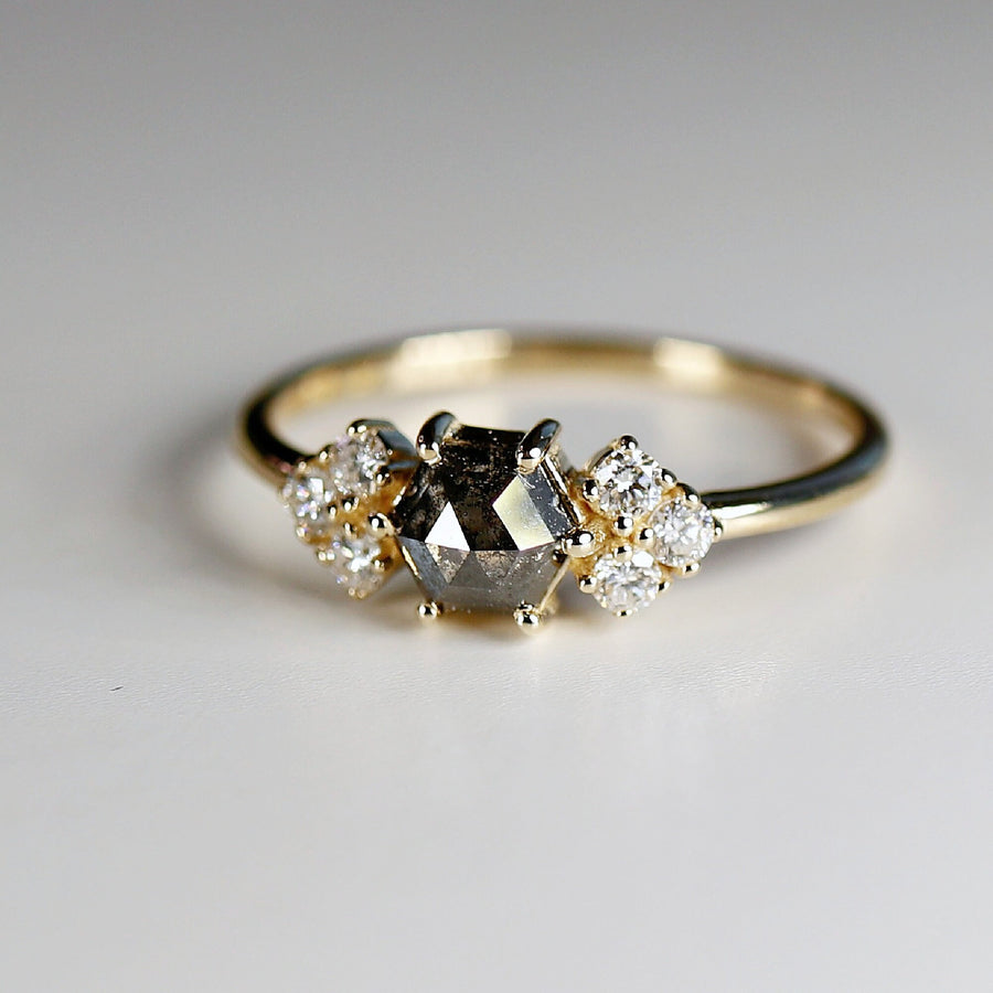 Hexagon Rose Cut Salt and Pepper Diamond Ring, 14k Yellow Gold Hexagon Diamond Ring, Conflict Free