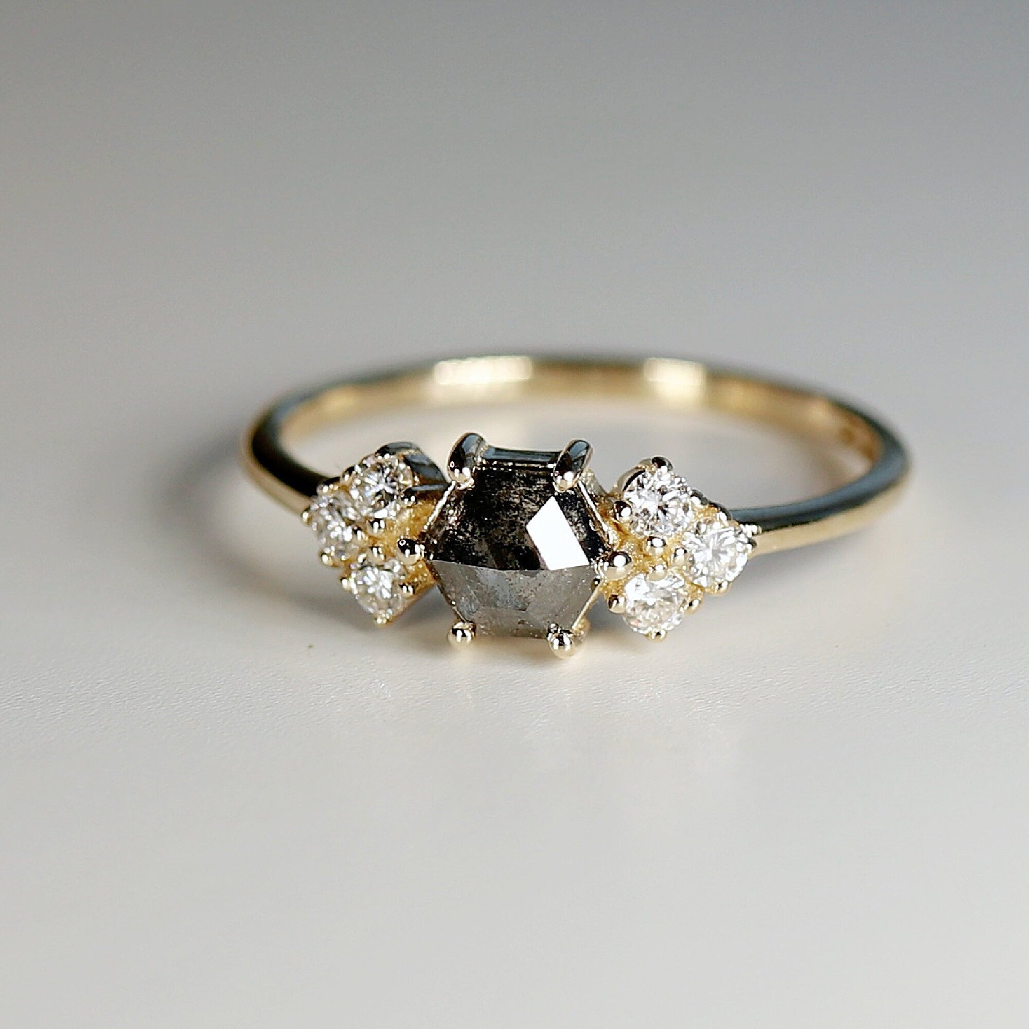 Hexagon Rose Cut Salt and Pepper Diamond Ring, 14k Yellow Gold Hexagon Diamond Ring, Conflict Free