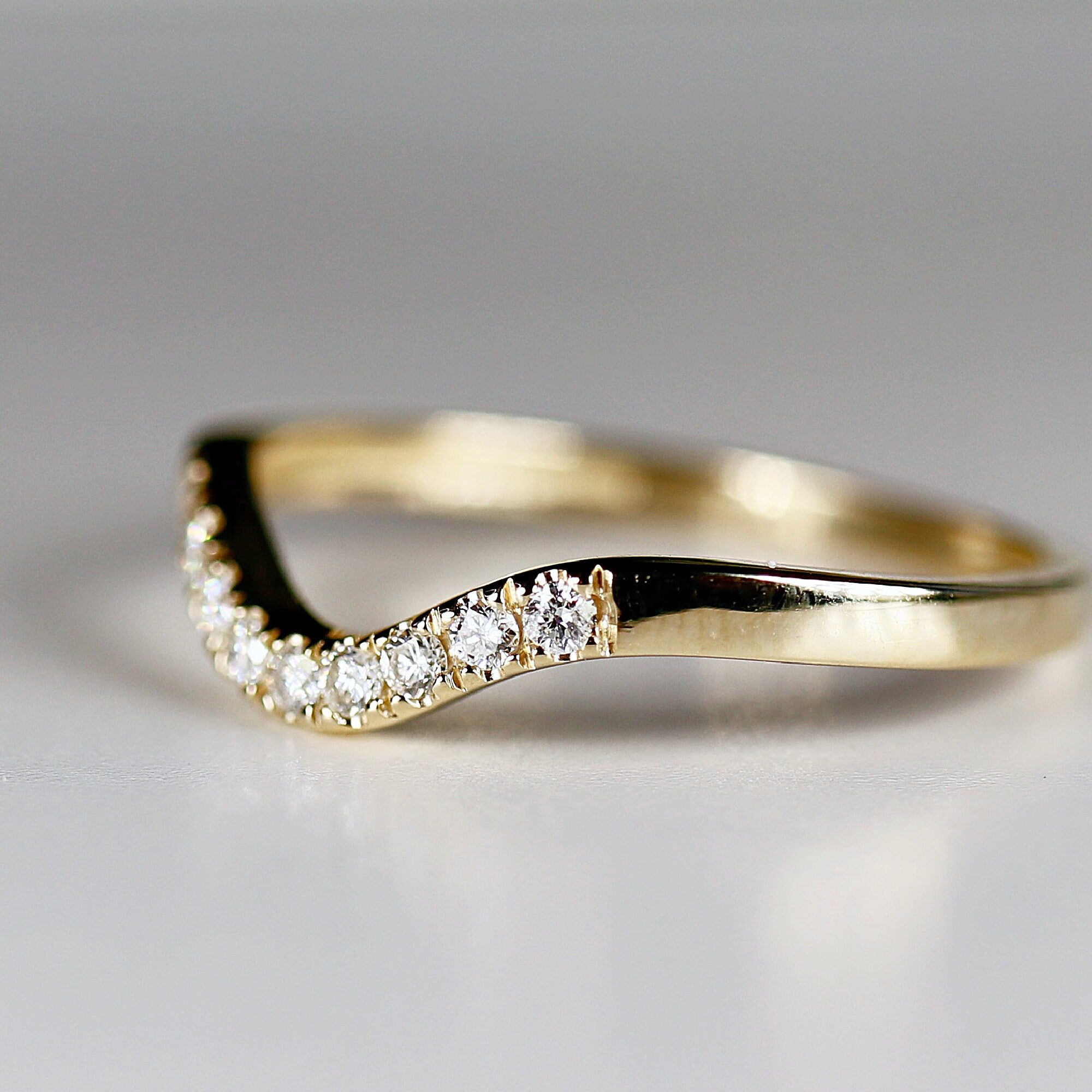 Curved Diamond Wedding Band, Matching Ring Gold Band