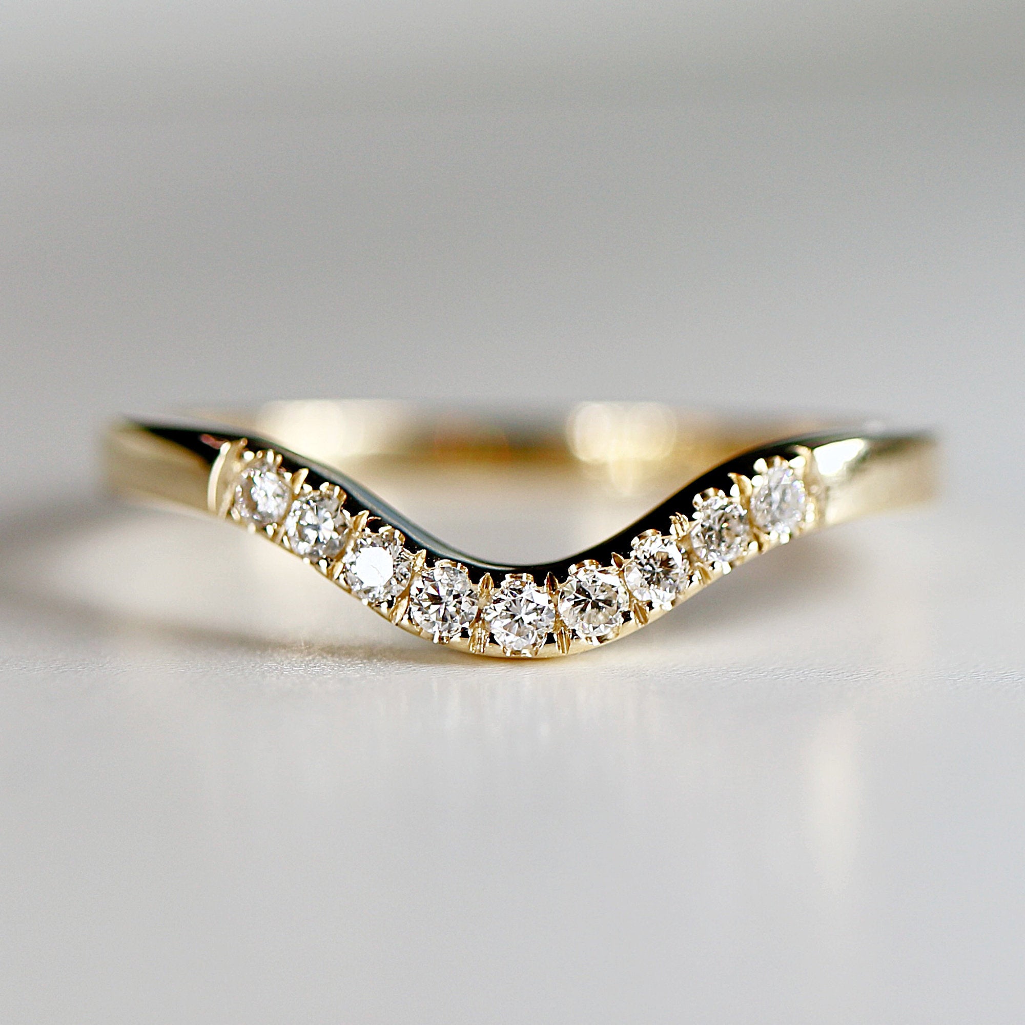 Curved Diamond Wedding Band, Matching Ring Gold Band