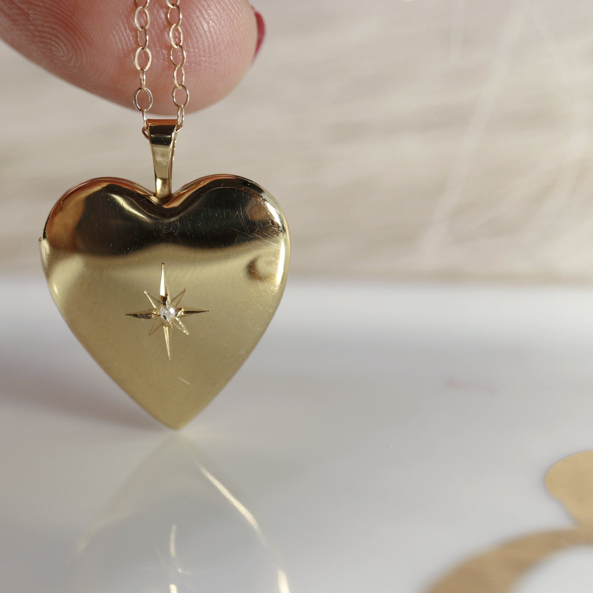 North Star Heart Locket Necklace 14k Gold Filled