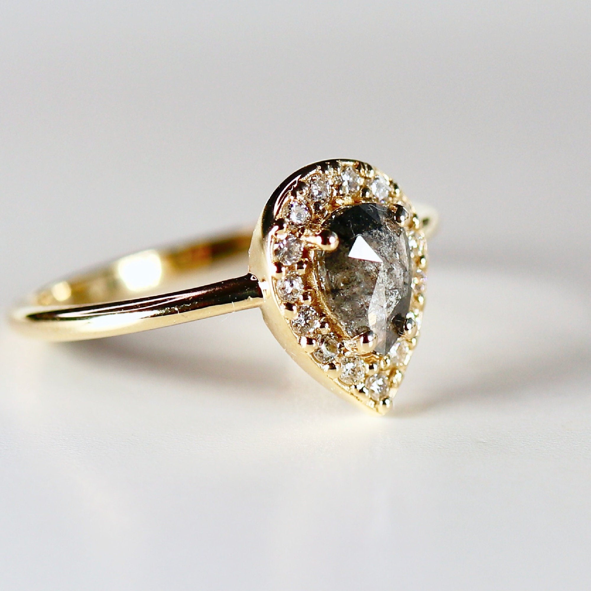 Rose Cut Pear Salt and Pepper Diamond Ring 14k Gold