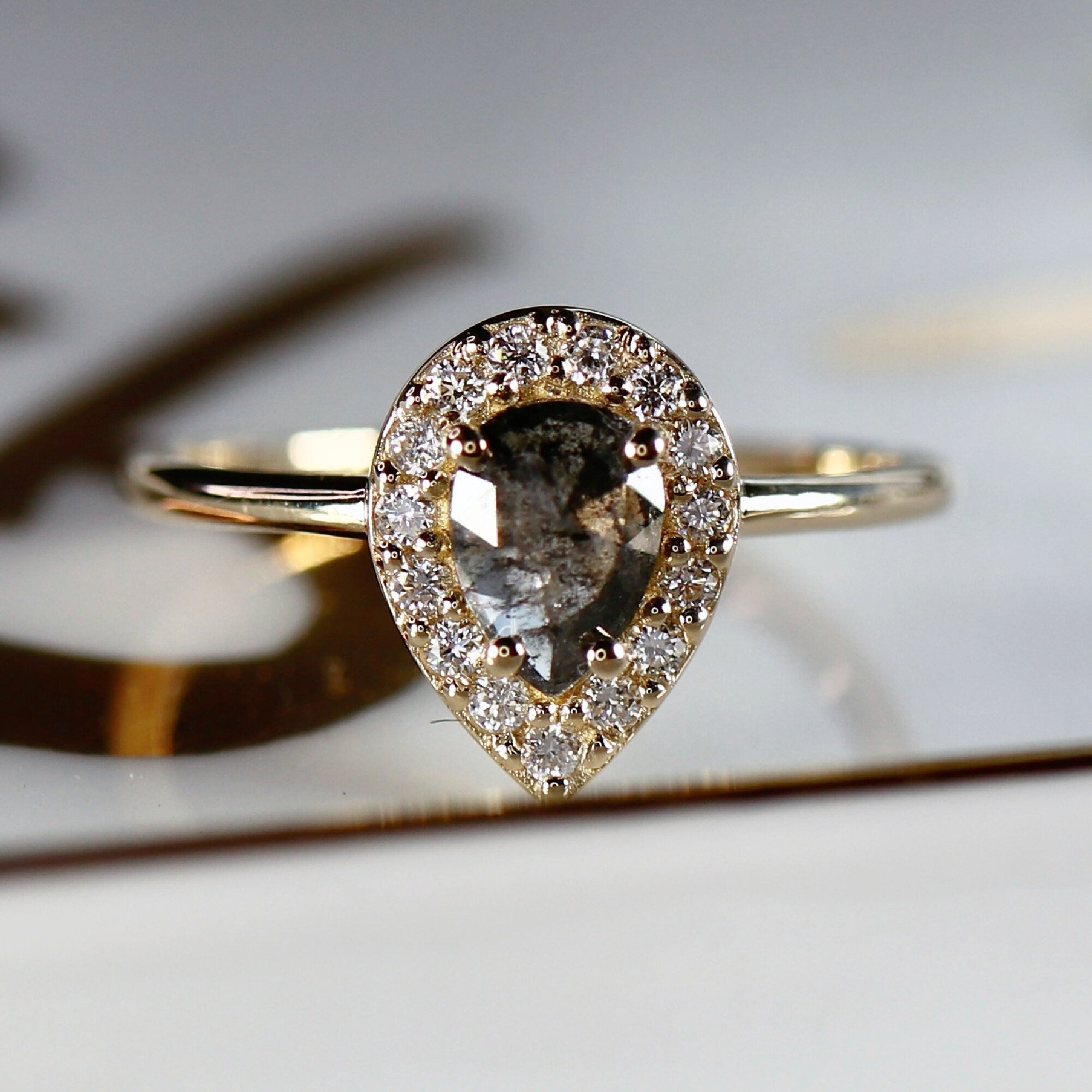 Rose Cut Pear Salt and Pepper Diamond Ring 14k Gold, Black Diamond Ring, Unique Engagement Ring, Gift for Wife