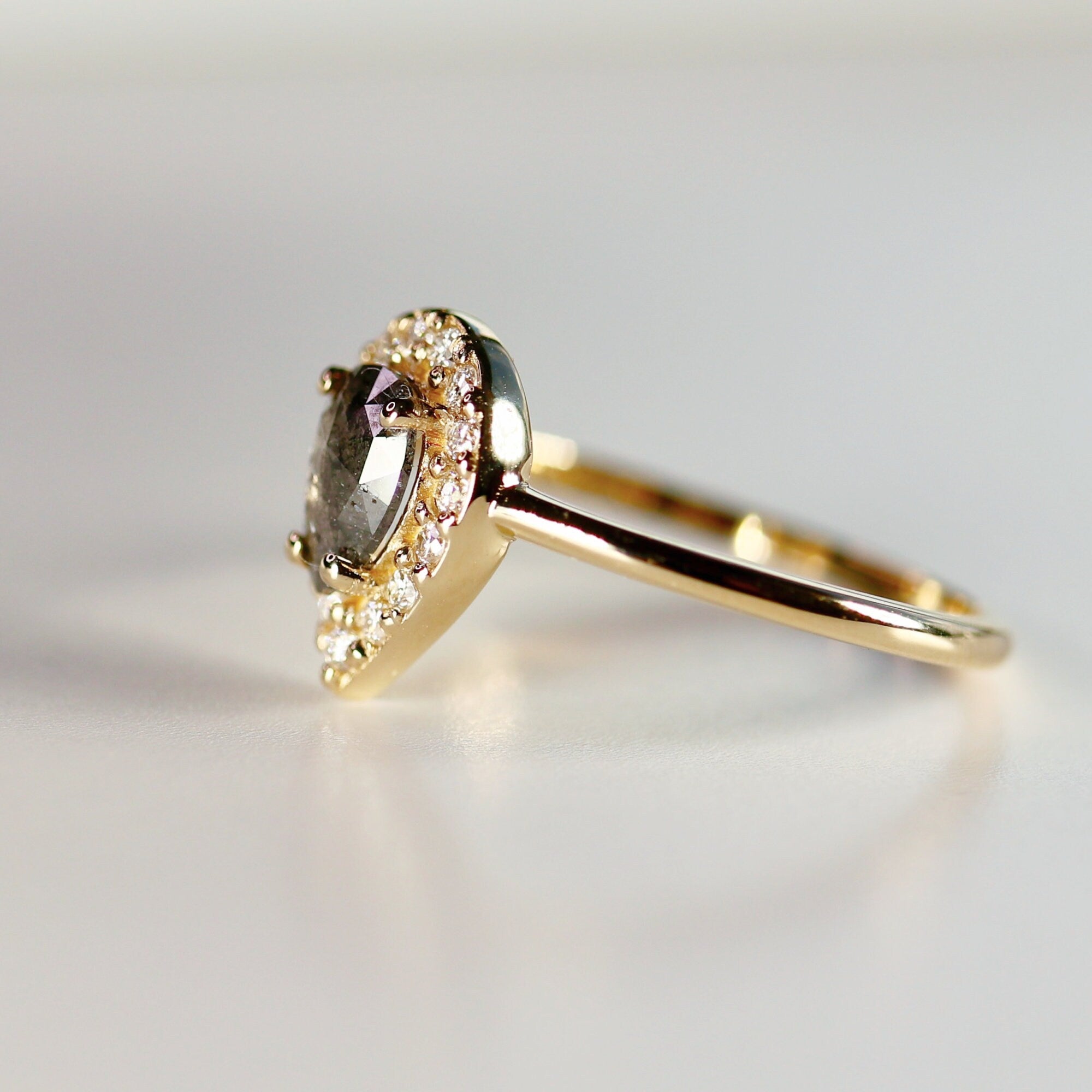 Rose Cut Pear Salt and Pepper Diamond Ring 14k Gold, Black Diamond Ring, Unique Engagement Ring, Gift for Wife